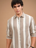Highlander Men Off White Striped Oversized Fit Casual Shirt - Off White - Image 1