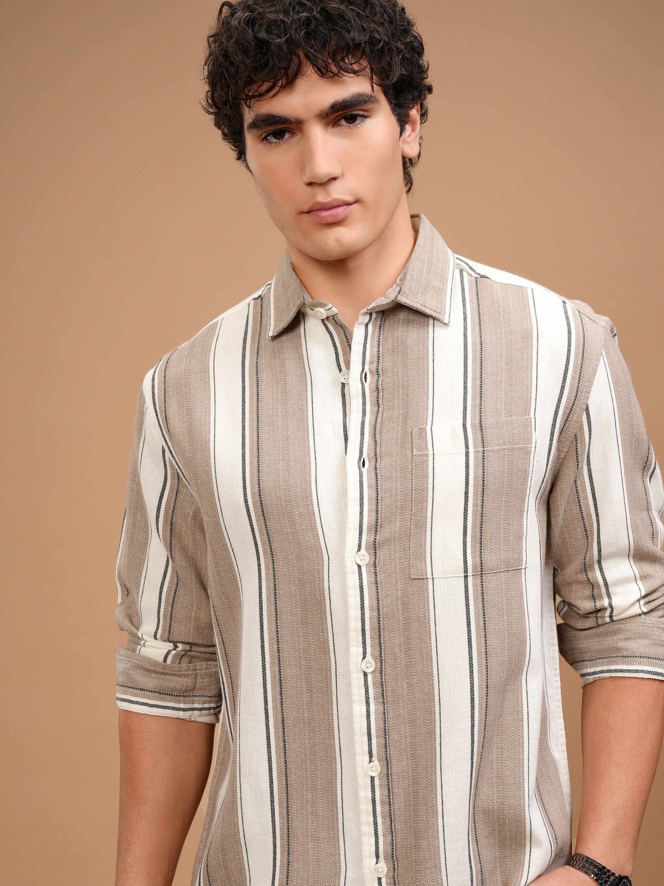 Highlander Men Off White Striped Oversized Fit Casual Shirt - Off White - Image 1