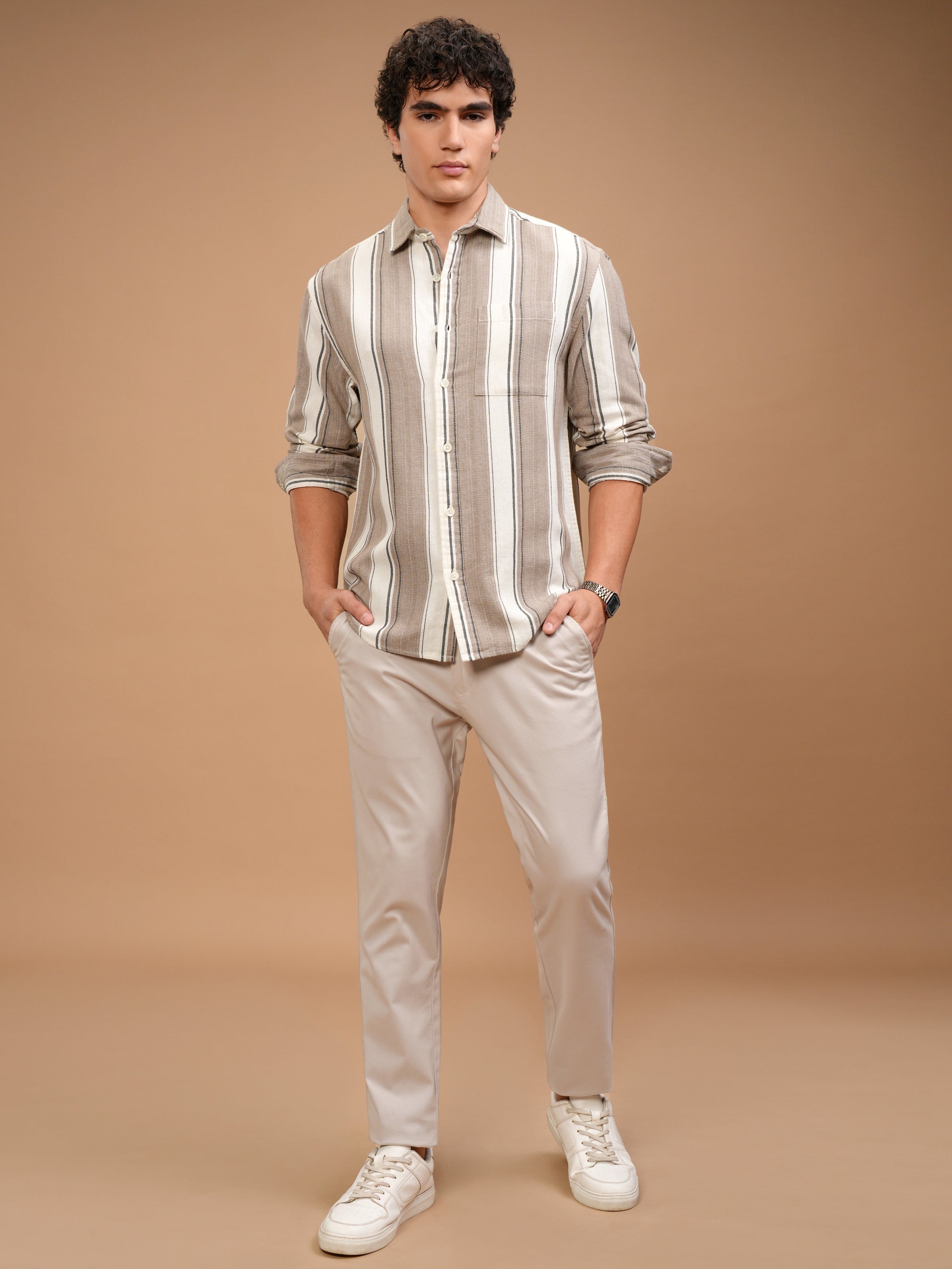 Highlander Men Off White Striped Oversized Fit Casual Shirt - Off White - Image 2