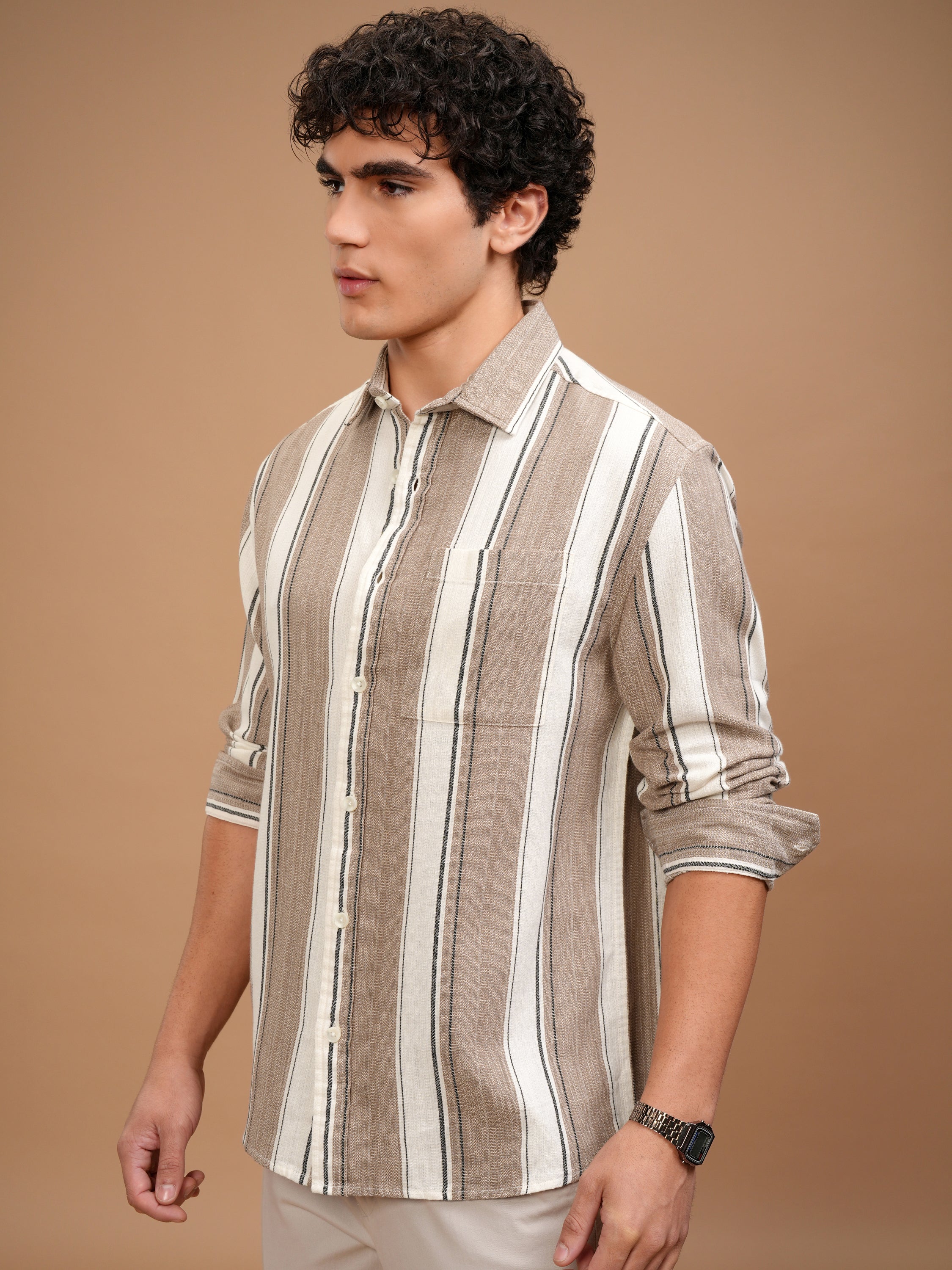 Highlander Men Off White Striped Oversized Fit Casual Shirt - Off White - Image 4