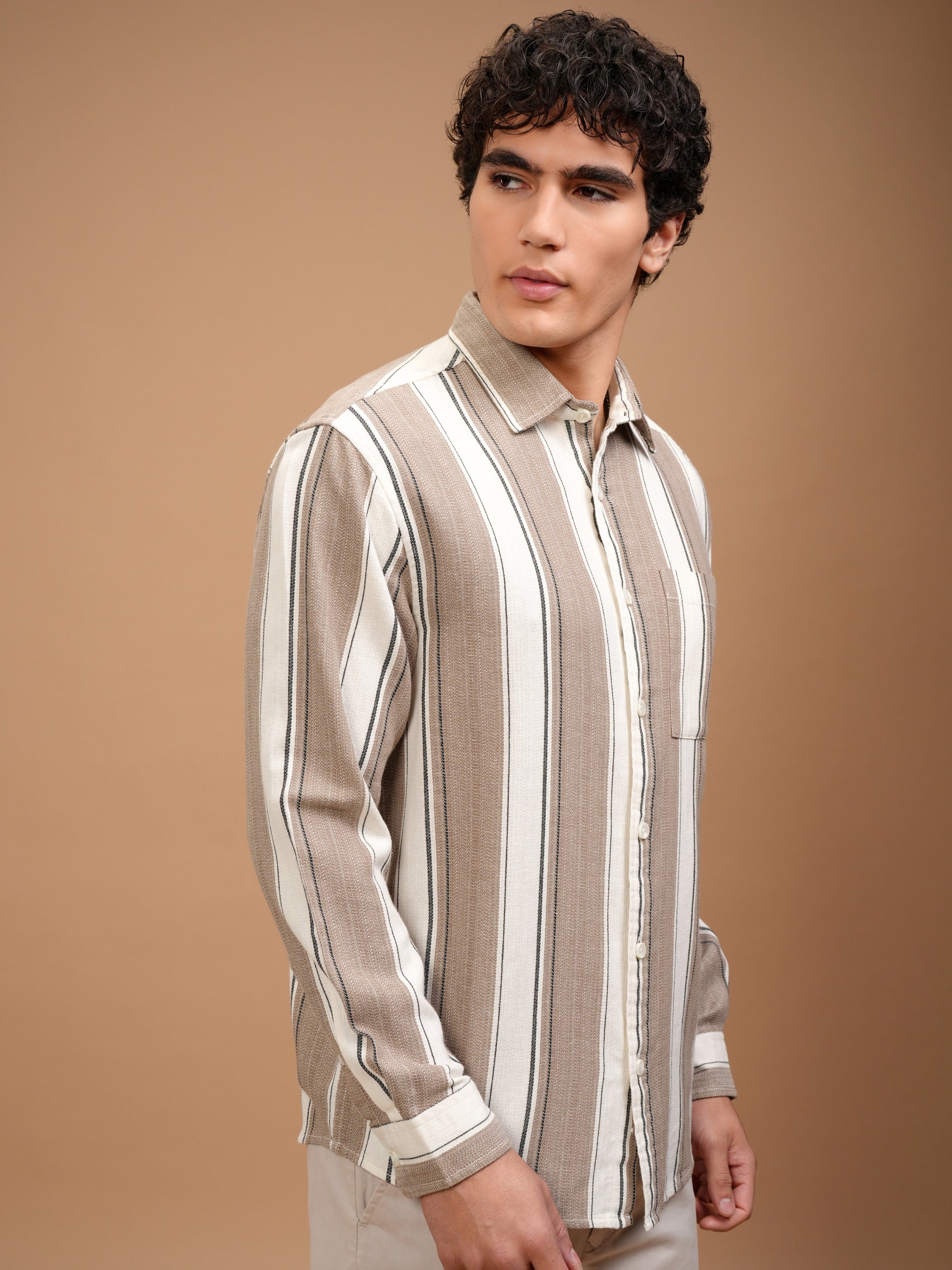 Highlander Men Off White Striped Oversized Fit Casual Shirt - Off White - Image 6