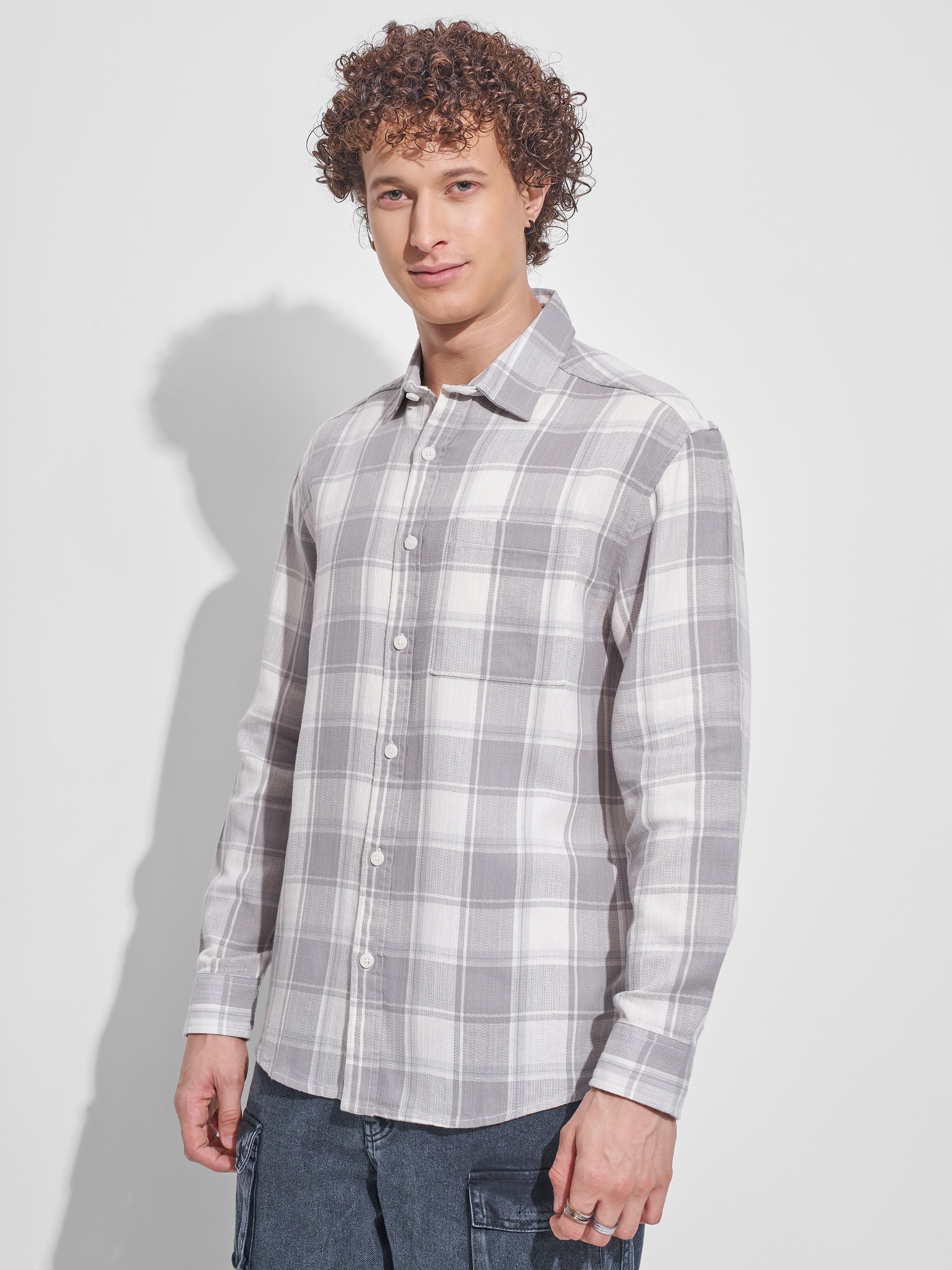 Highlander Men Off White Checked Relaxed Fit Casual Shirt - Off White - Image 4