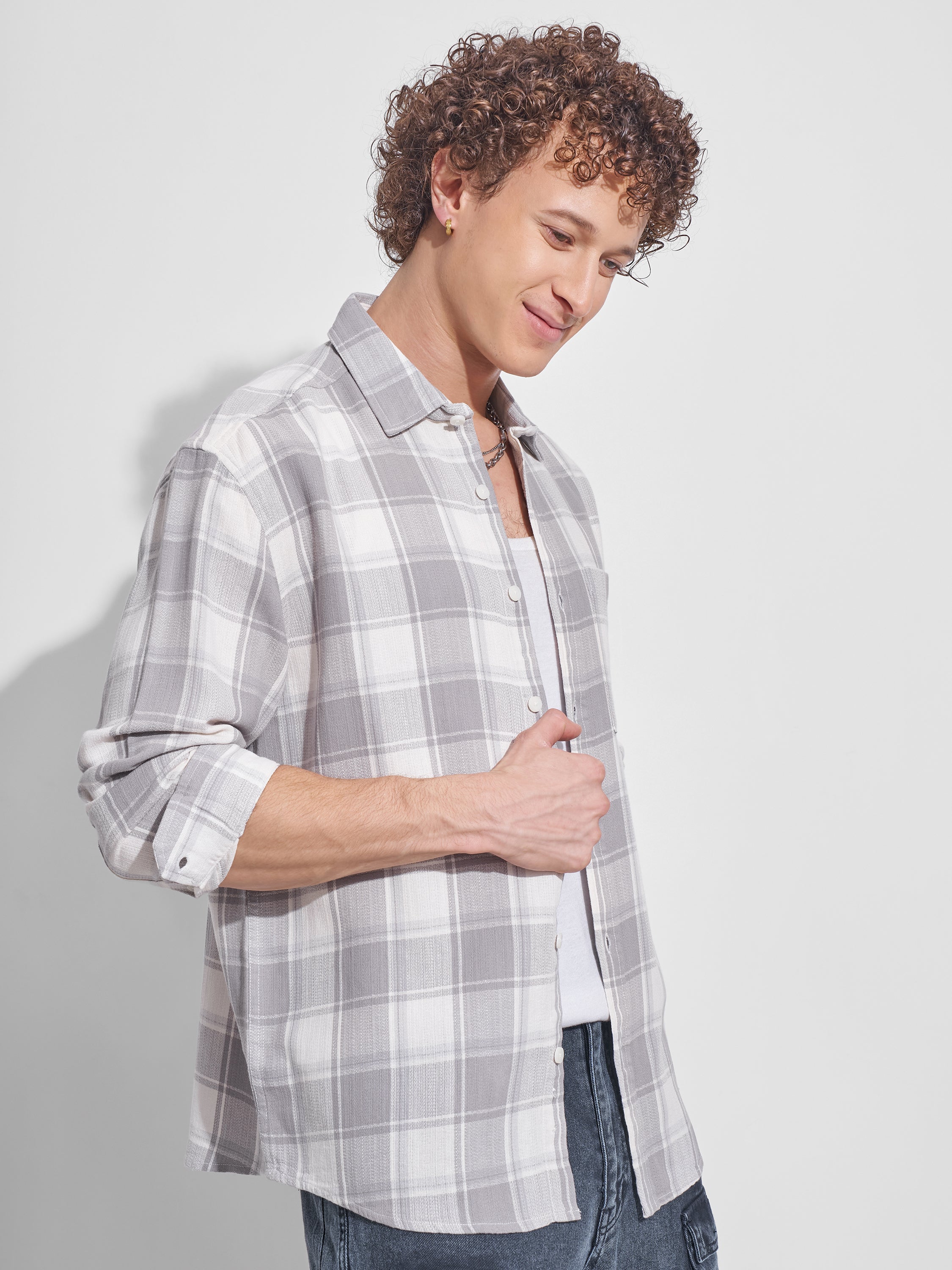 Highlander Men Off White Checked Relaxed Fit Casual Shirt - Off White - Image 6