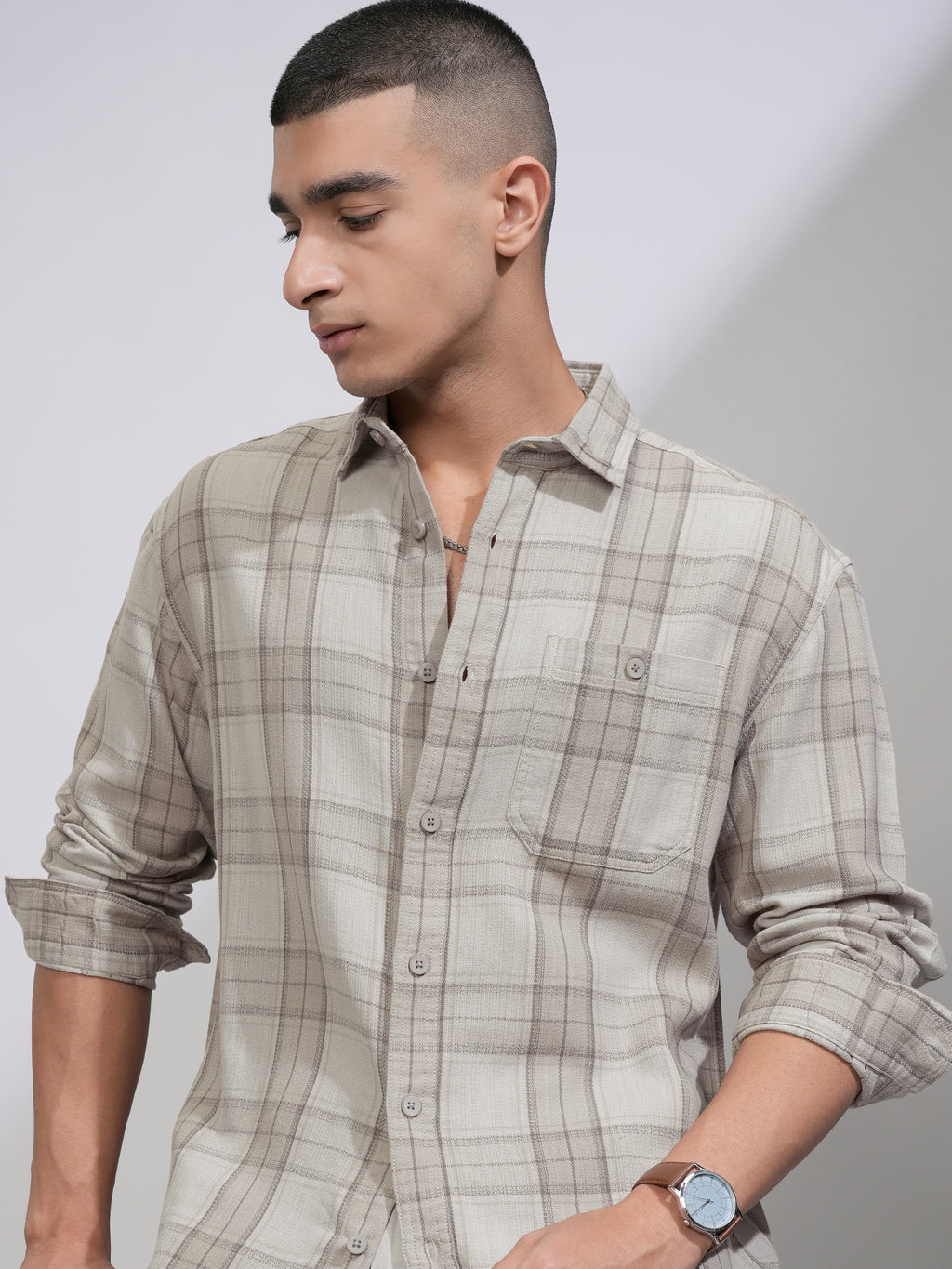 Highlander Men Grey Checked Oversized Fit Casual Shirt - Grey - Image 1