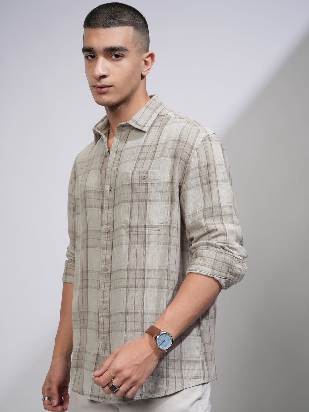 Highlander Men Grey Checked Oversized Fit Casual Shirt - Grey - Image 4