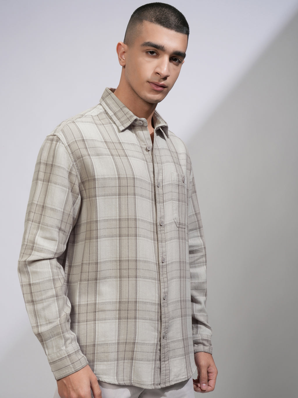 Highlander Men Grey Checked Oversized Fit Casual Shirt - Grey - Image 6