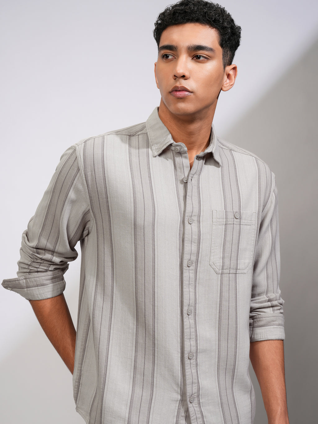 Highlander Men Grey Striped Oversized Fit Casual Shirt - Grey - Image 1