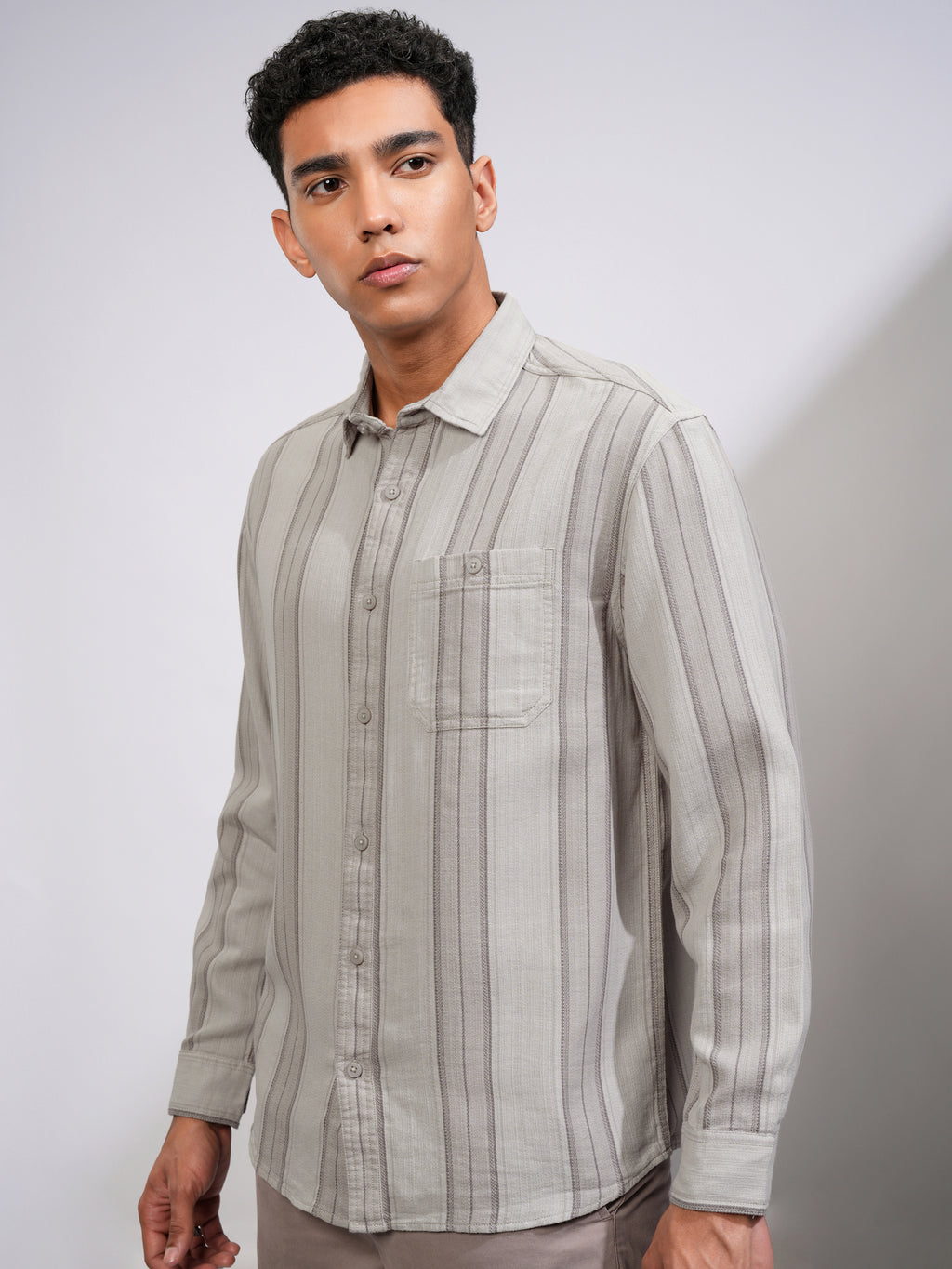 Highlander Men Grey Striped Oversized Fit Casual Shirt - Grey - Image 4