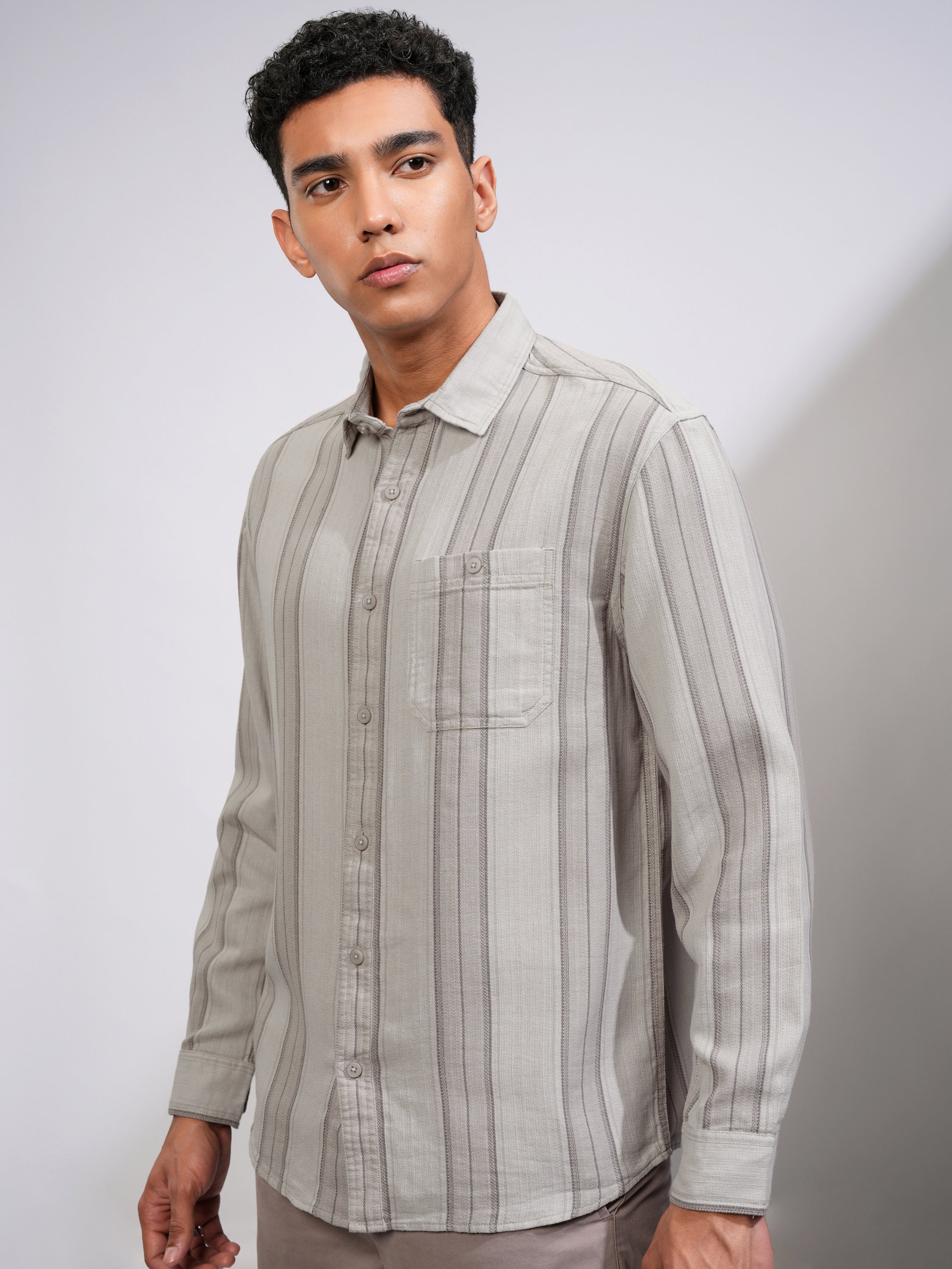 Highlander Men Grey Striped Oversized Fit Casual Shirt - Grey - Image 4