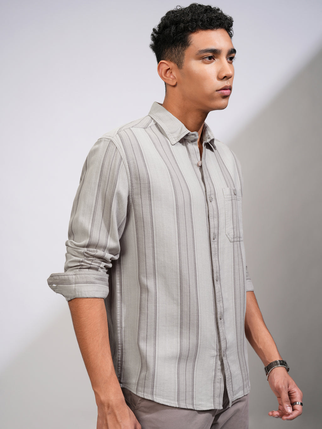 Highlander Men Grey Striped Oversized Fit Casual Shirt - Grey - Image 6