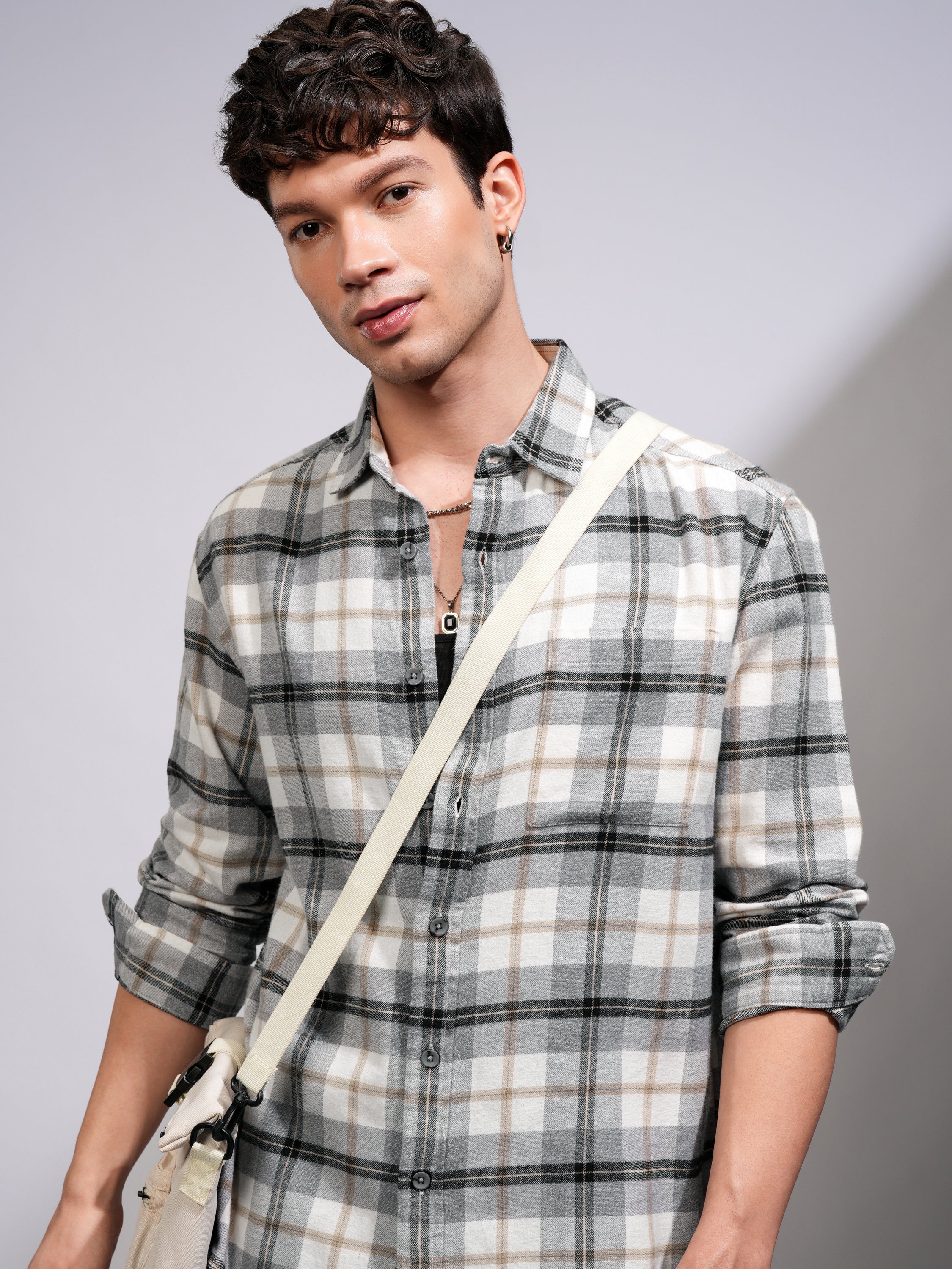Highlander Men Off White Checked Oversized Fit Casual Shirt - Off White - Image 1