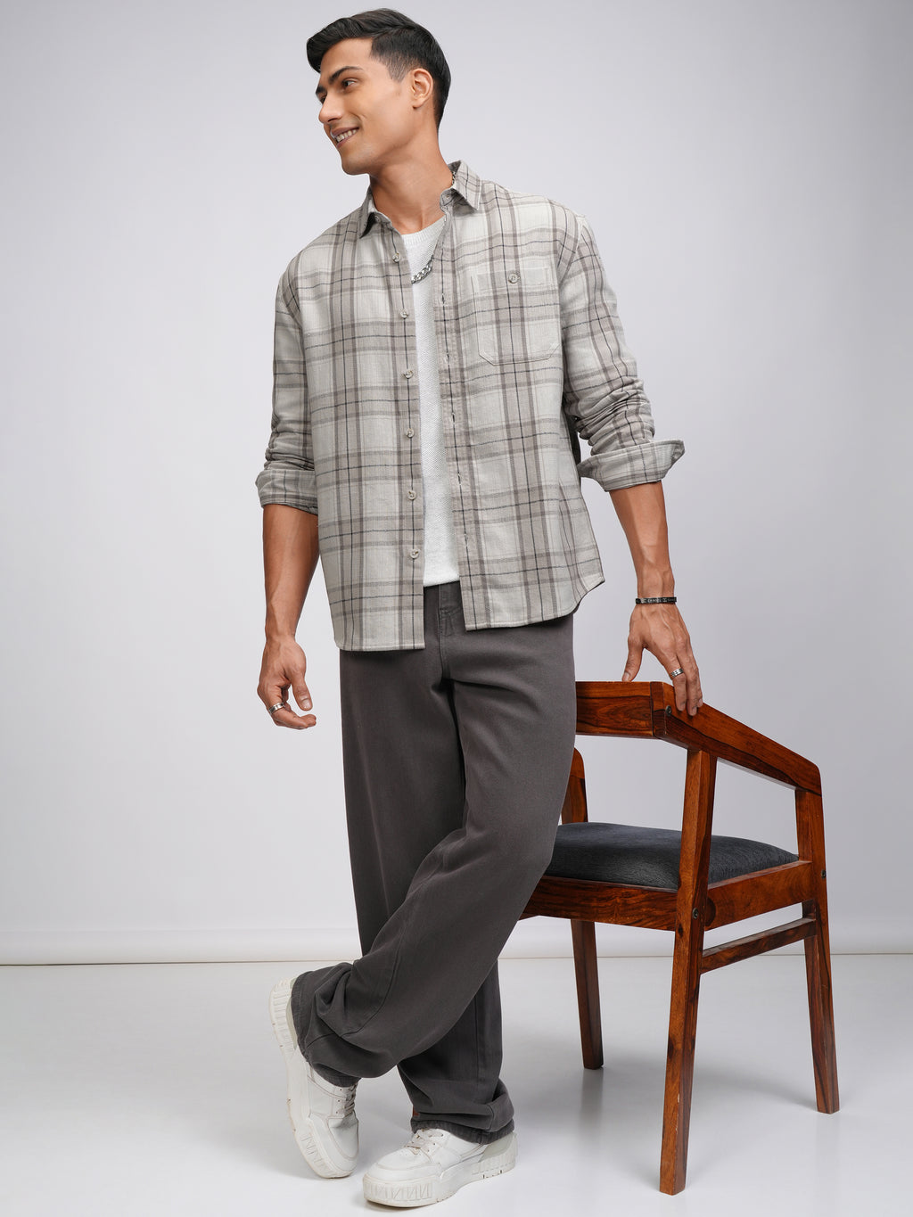 Highlander Men Beige Checked Oversized Fit Casual Shirt - Beige - Image 2