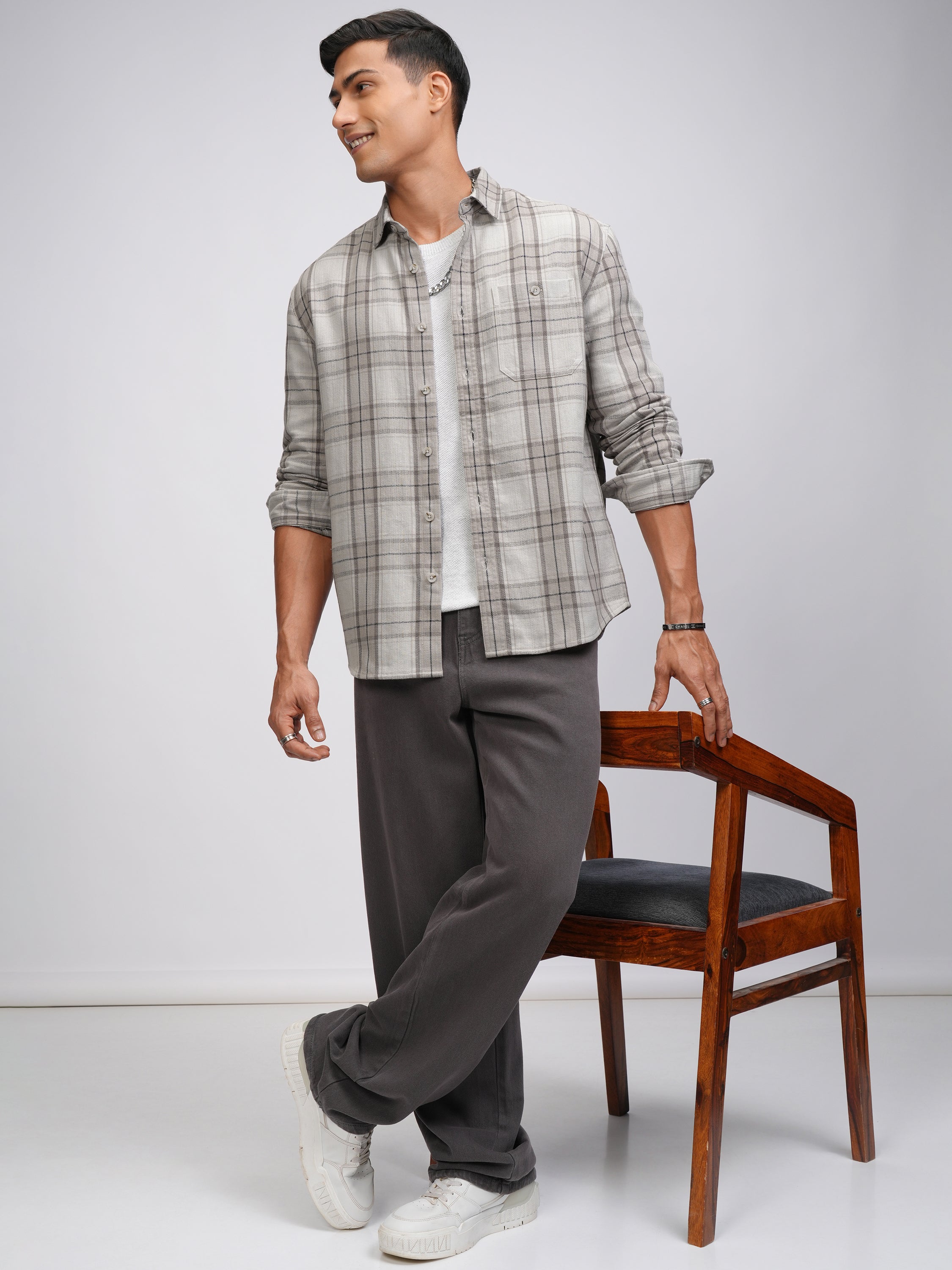 Highlander Men Beige Checked Oversized Fit Casual Shirt - Beige - Image 2