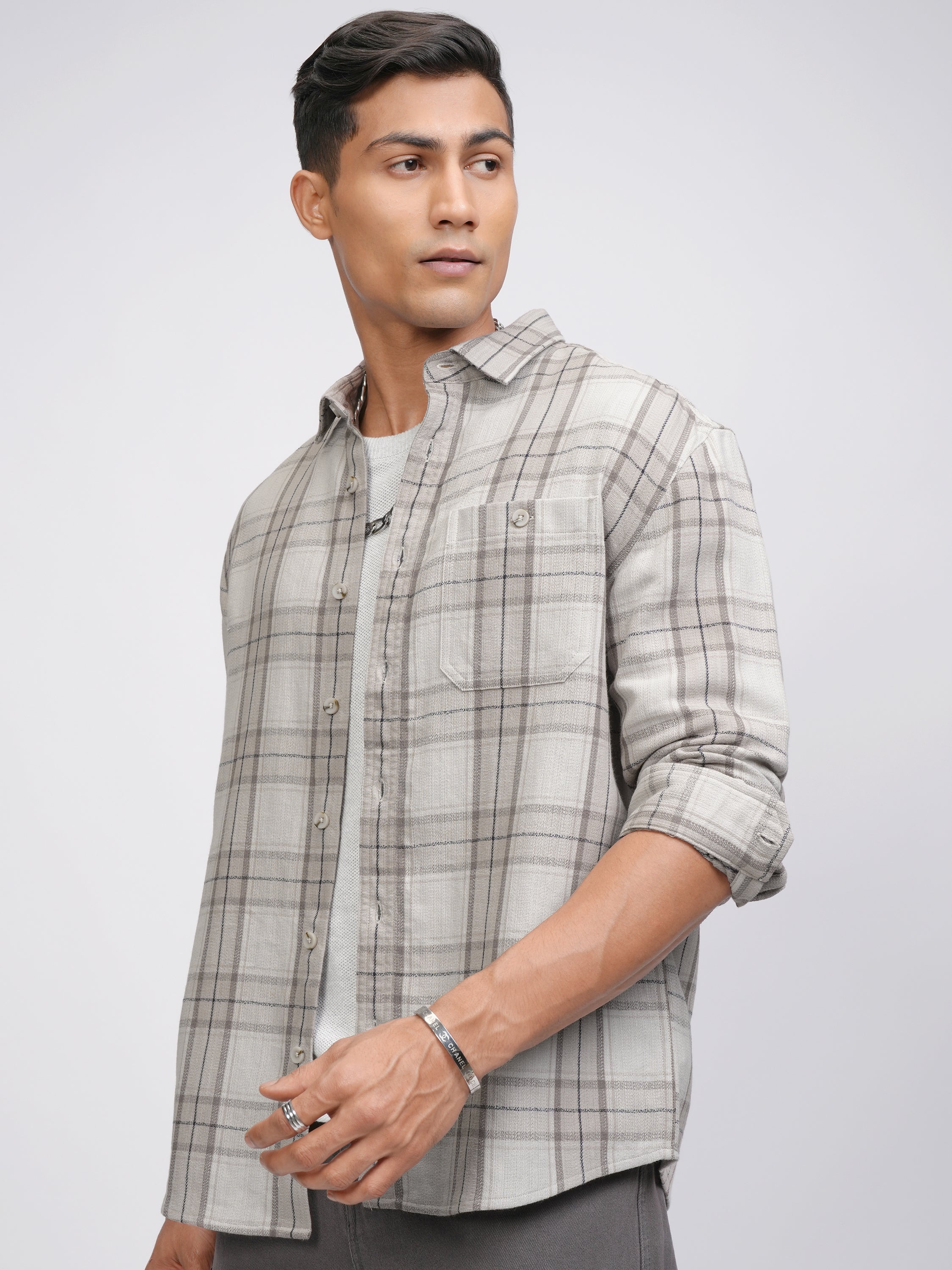 Highlander Men Beige Checked Oversized Fit Casual Shirt - Beige - Image 4