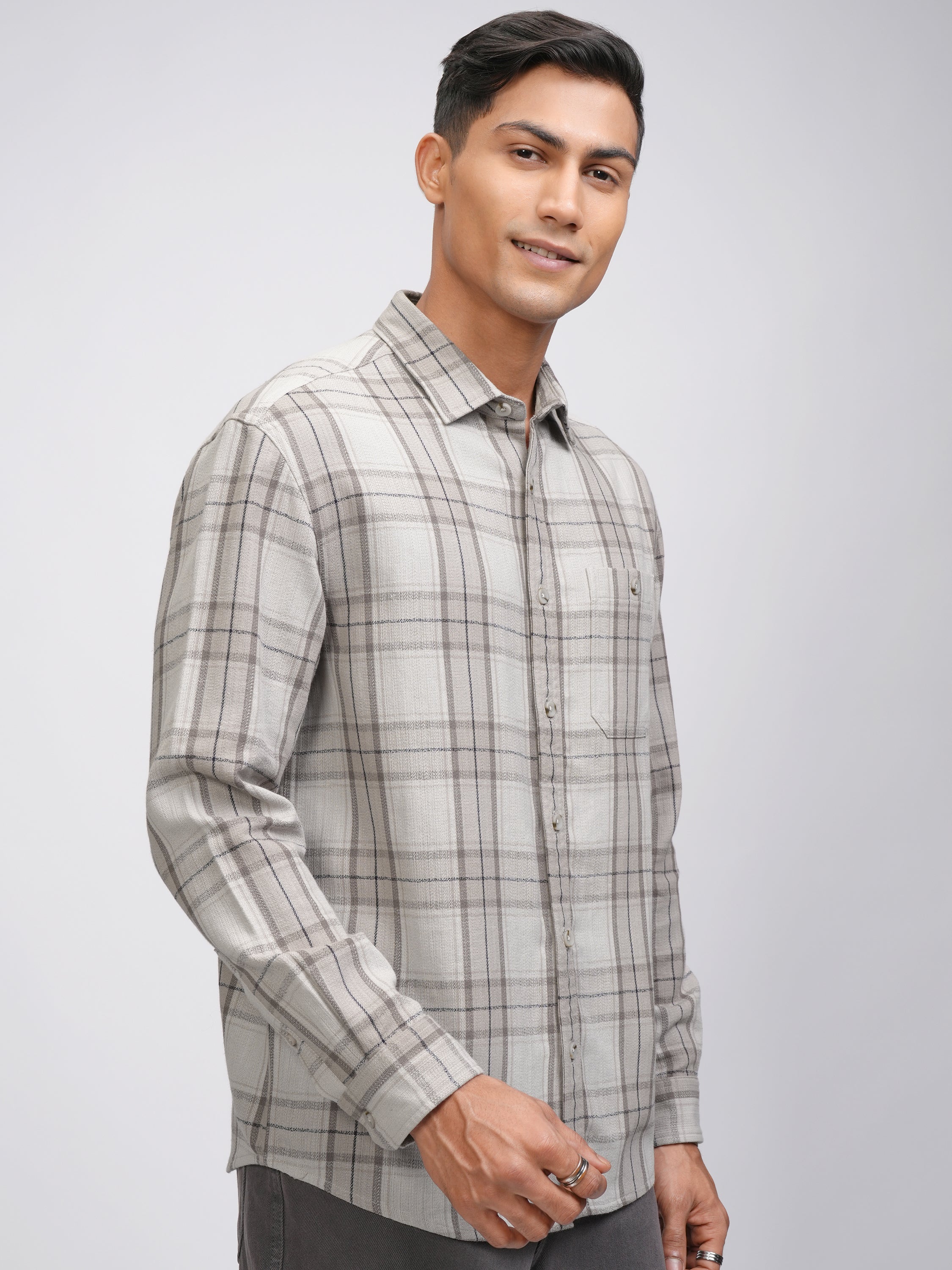 Highlander Men Beige Checked Oversized Fit Casual Shirt - Beige - Image 6