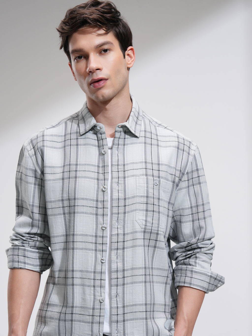Highlander Men Grey Checked Oversized Fit Casual Shirt - Grey - Image 1