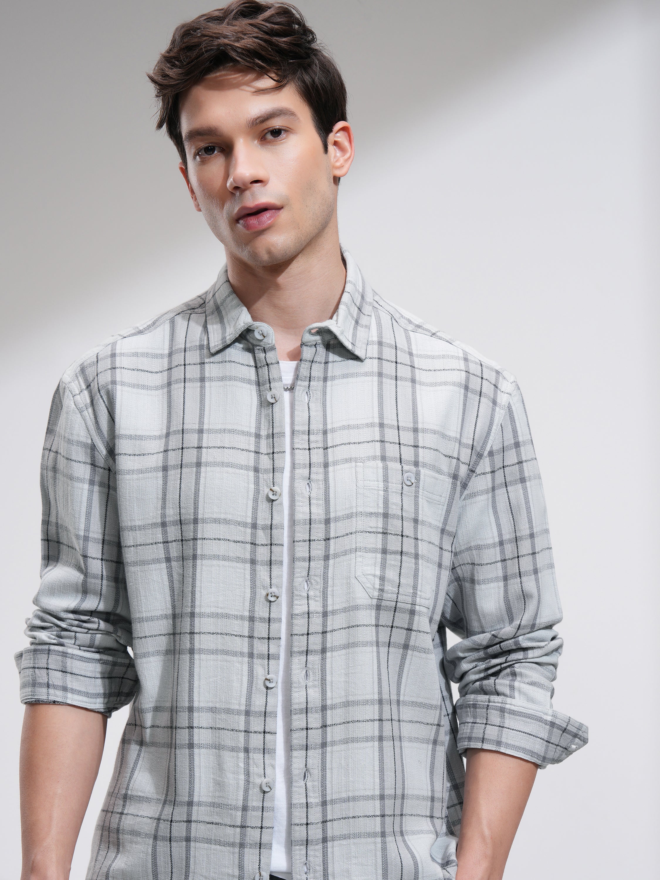 Highlander Men Grey Checked Oversized Fit Casual Shirt - Grey - Image 1