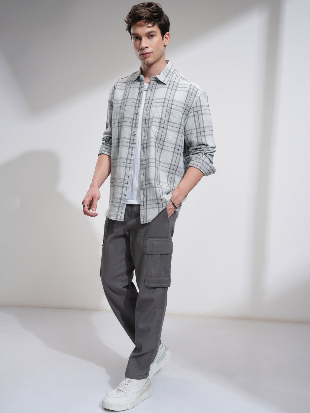 Highlander Men Grey Checked Oversized Fit Casual Shirt - Grey - Image 2