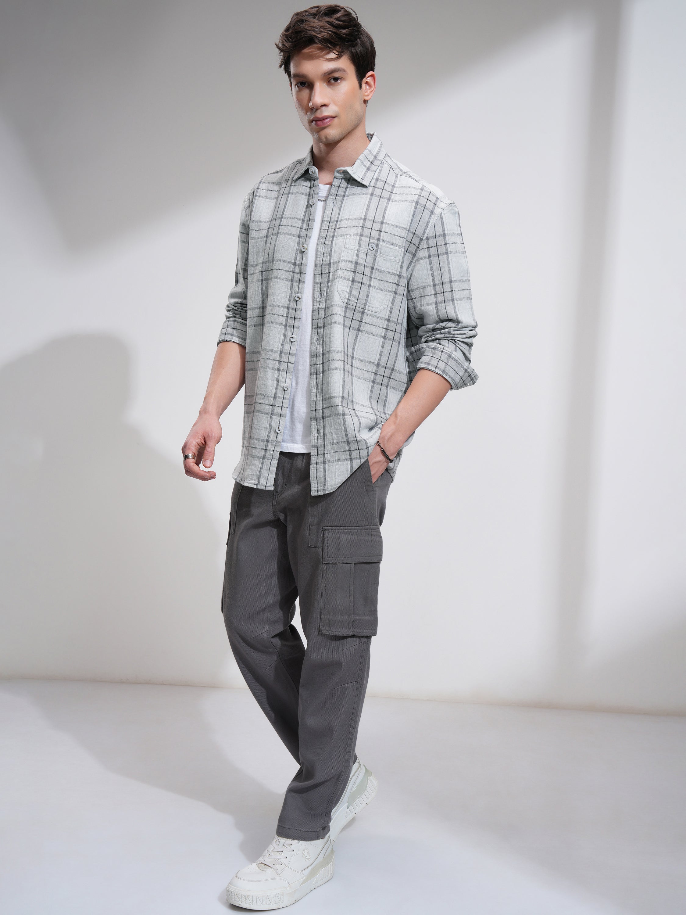 Highlander Men Grey Checked Oversized Fit Casual Shirt - Grey - Image 2