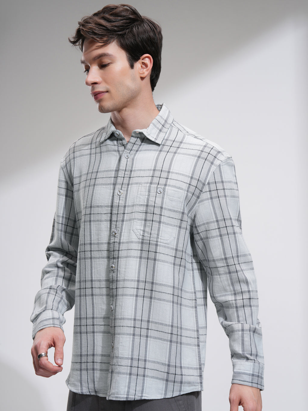 Highlander Men Grey Checked Oversized Fit Casual Shirt - Grey - Image 4