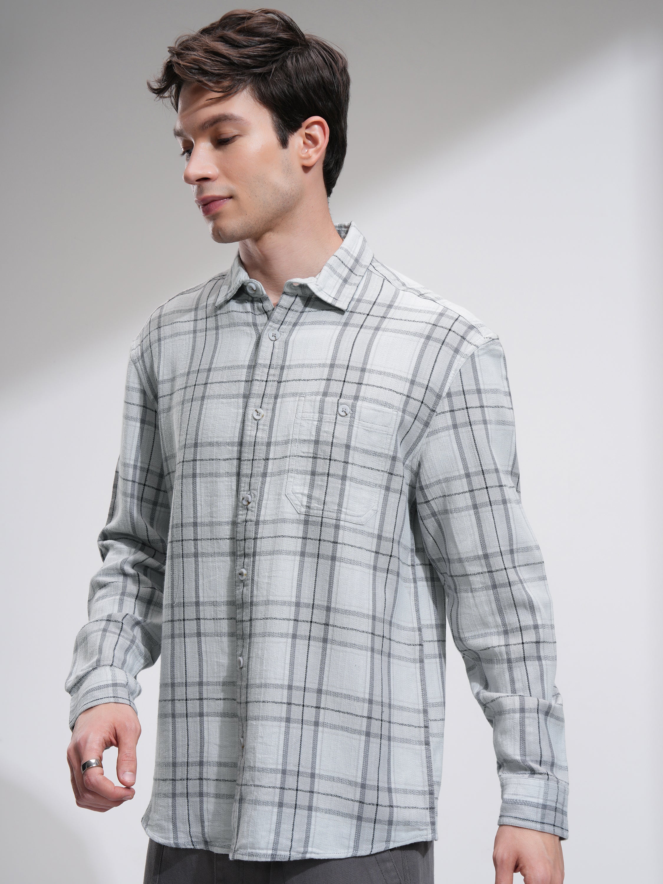 Highlander Men Grey Checked Oversized Fit Casual Shirt - Grey - Image 4