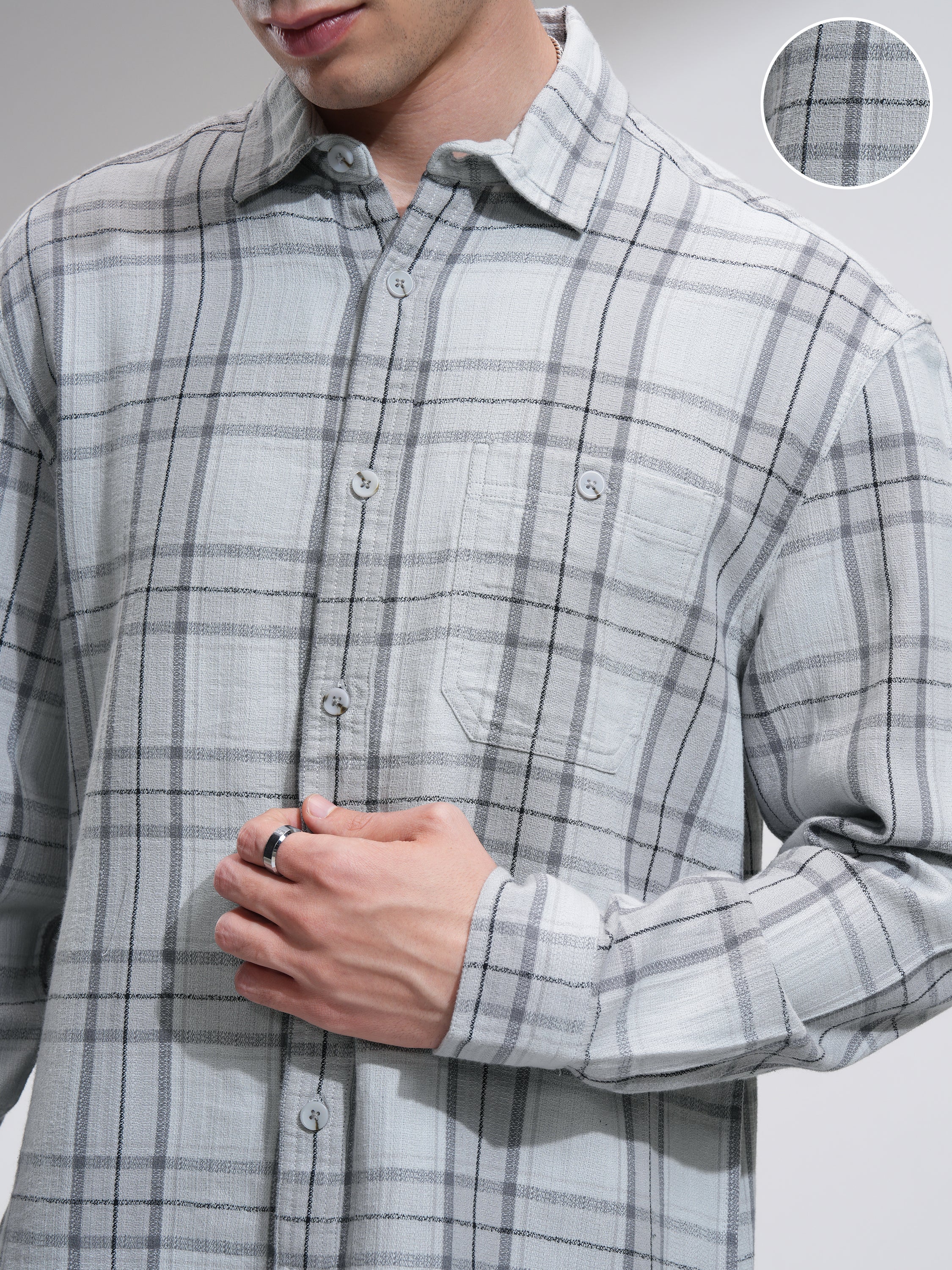 Highlander Men Grey Checked Oversized Fit Casual Shirt - Grey - Image 5