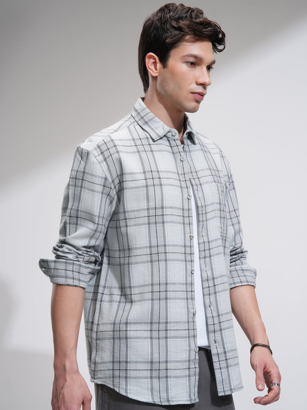 Highlander Men Grey Checked Oversized Fit Casual Shirt - Grey - Image 6