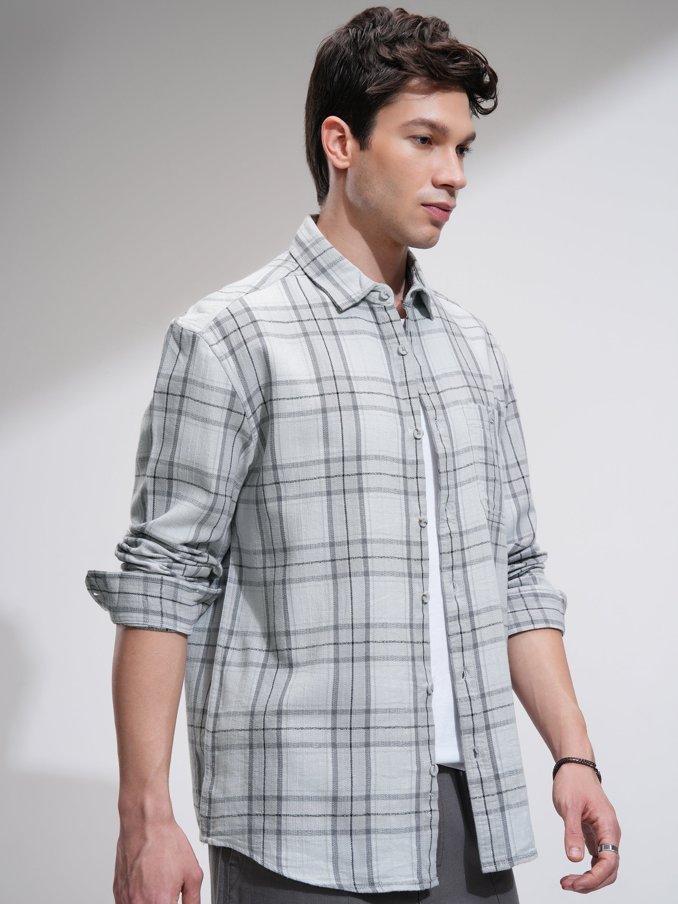 Highlander Men Grey Checked Oversized Fit Casual Shirt - Grey - Image 6
