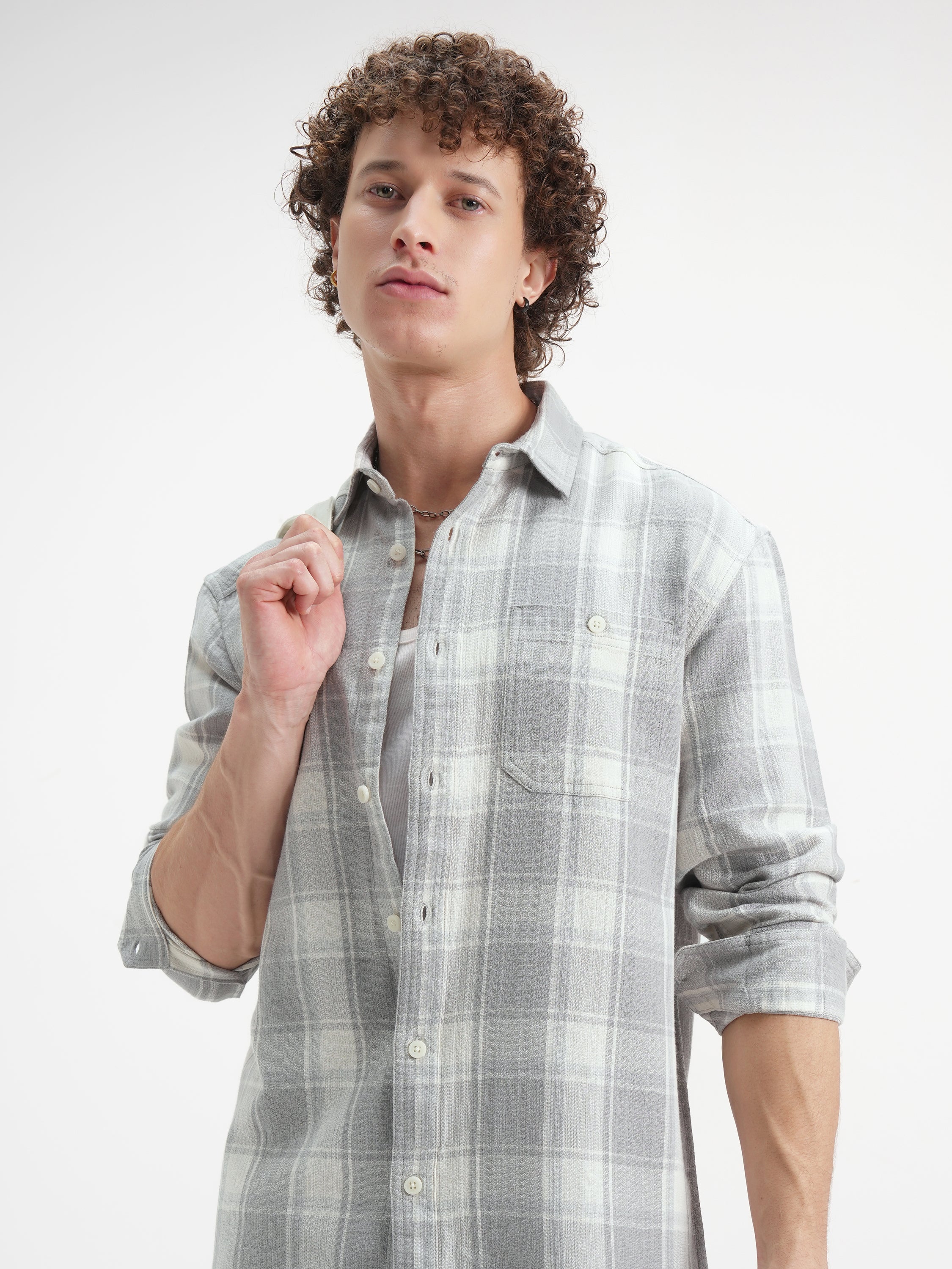 Highlander Men Off White Checked Relaxed Fit Casual Shirt - Off White - Image 1
