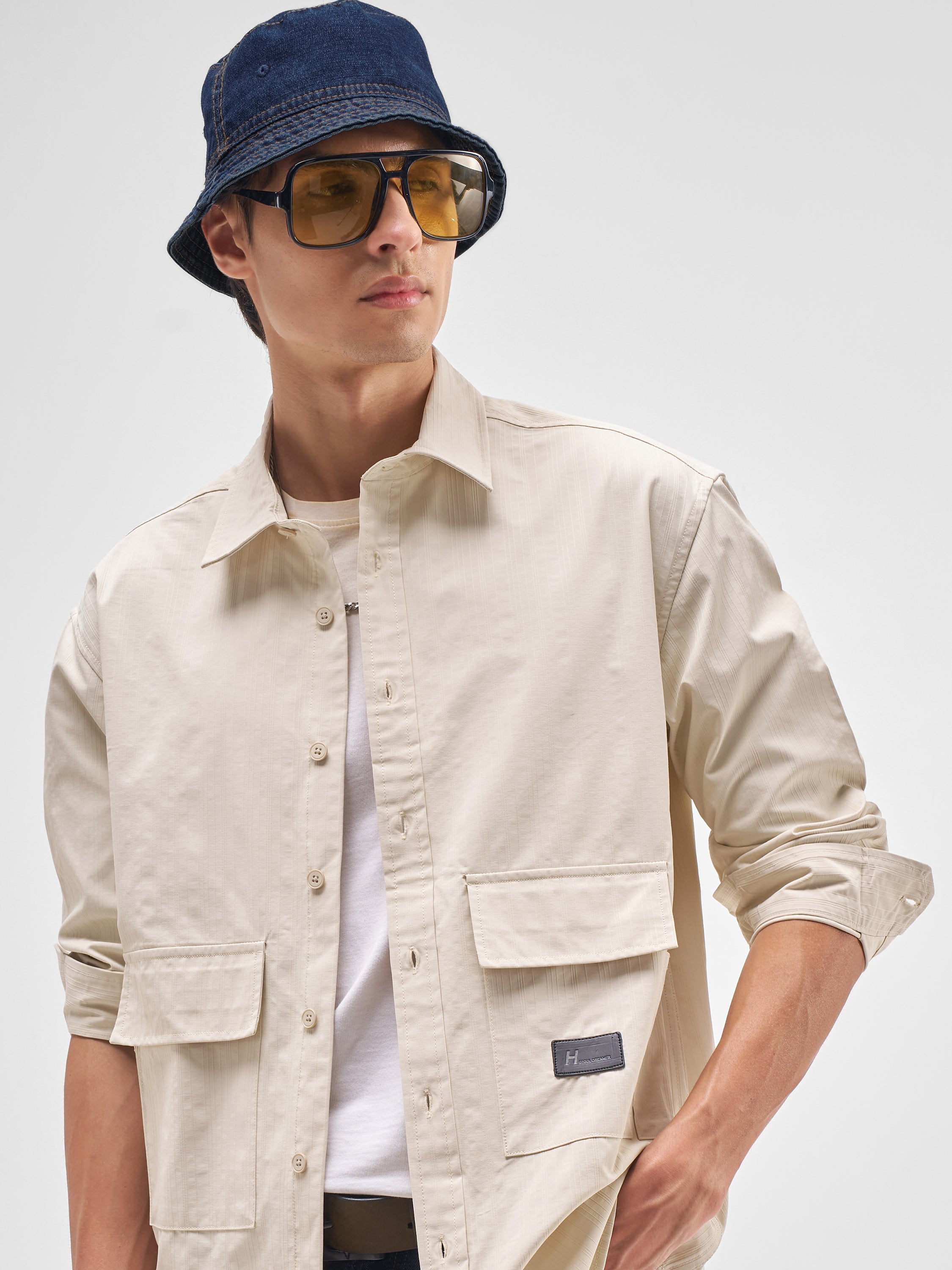 Highlander Men Cream Striped Relaxed Fit Casual Shirt - Cream - Image 1
