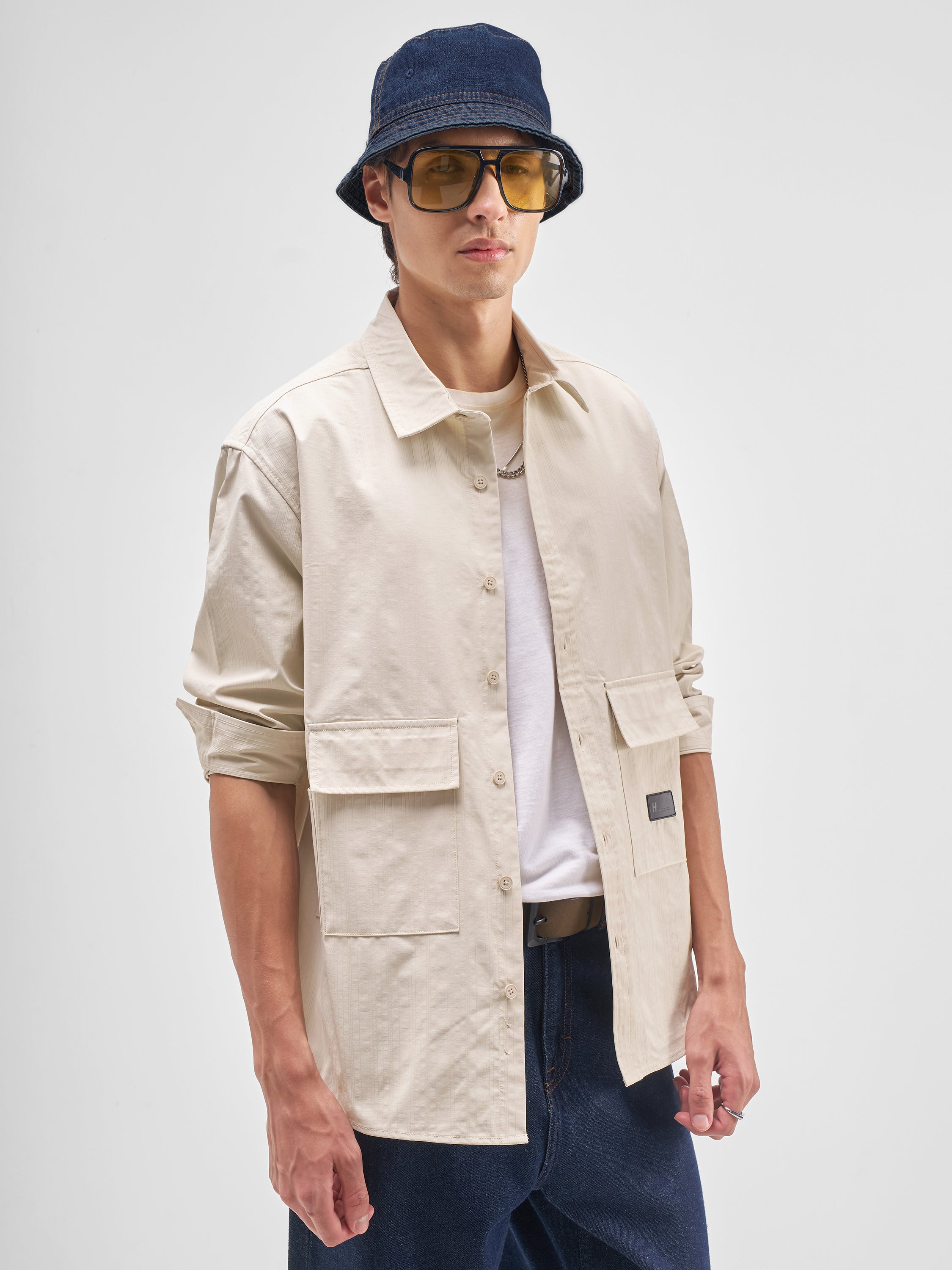 Highlander Men Cream Striped Relaxed Fit Casual Shirt - Cream - Image 6