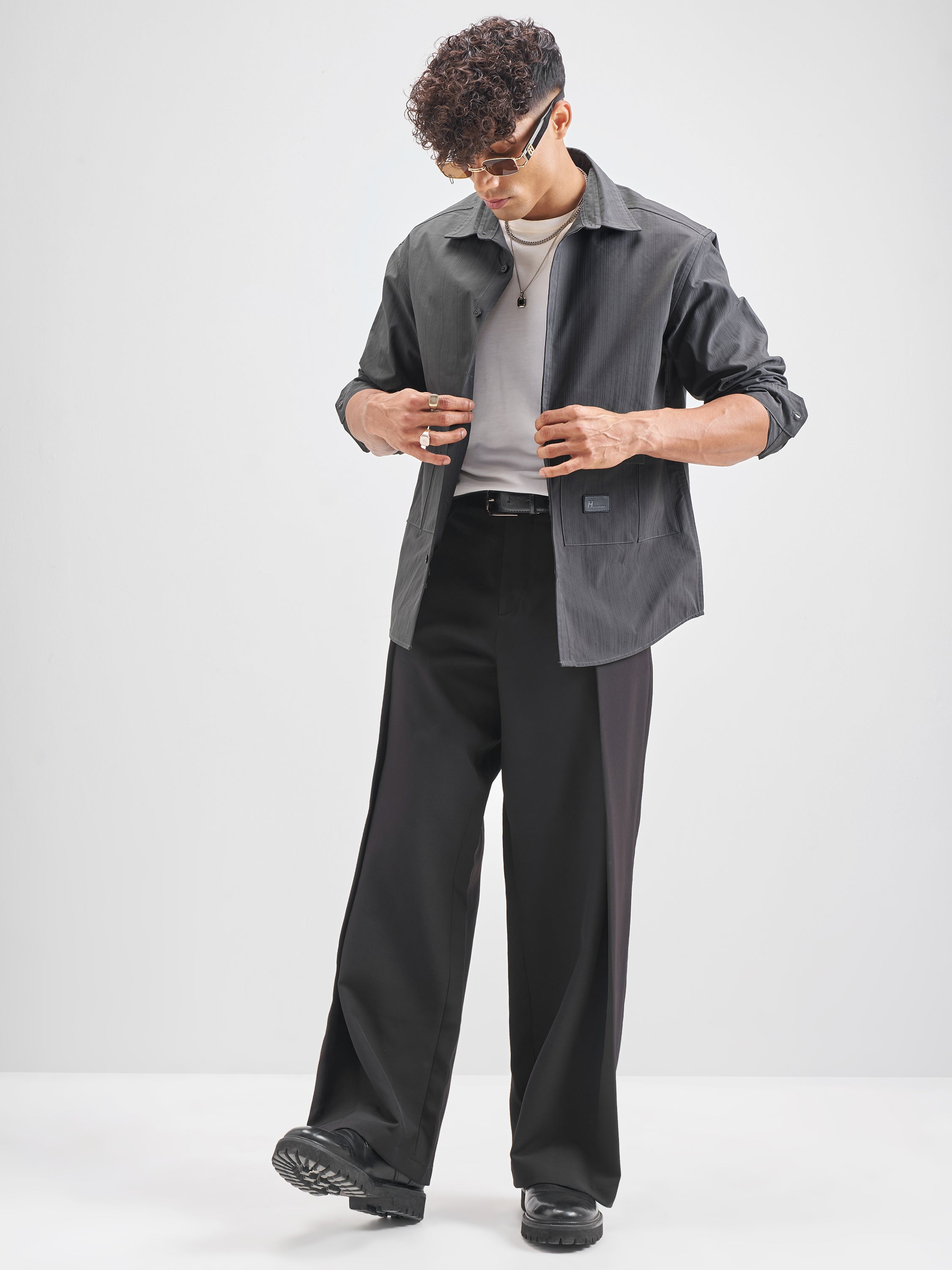 Highlander Men Grey Self Design Oversized Fit Casual Shirt - Grey - Image 2