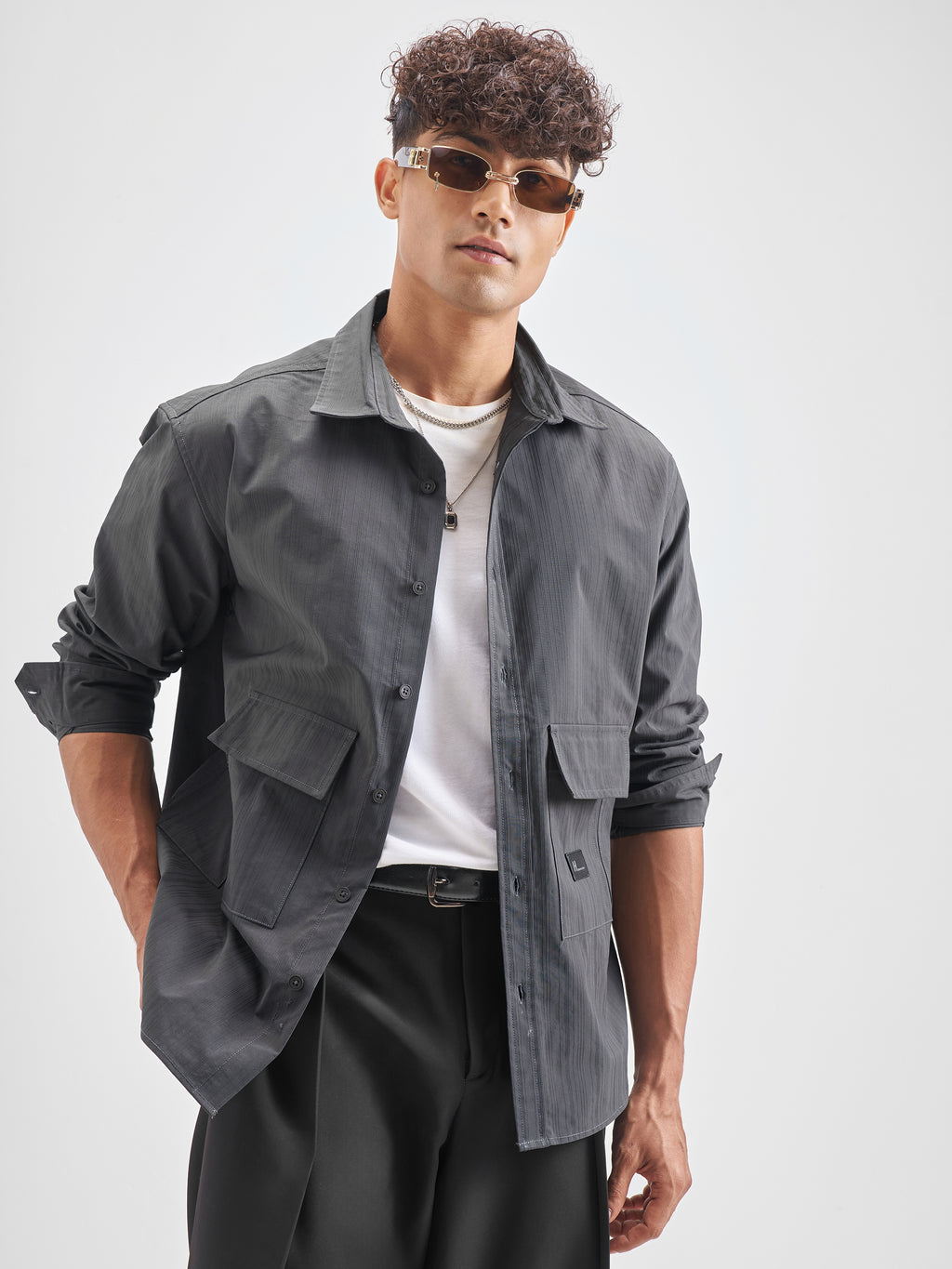 Highlander Men Grey Self Design Oversized Fit Casual Shirt - Grey - Image 4