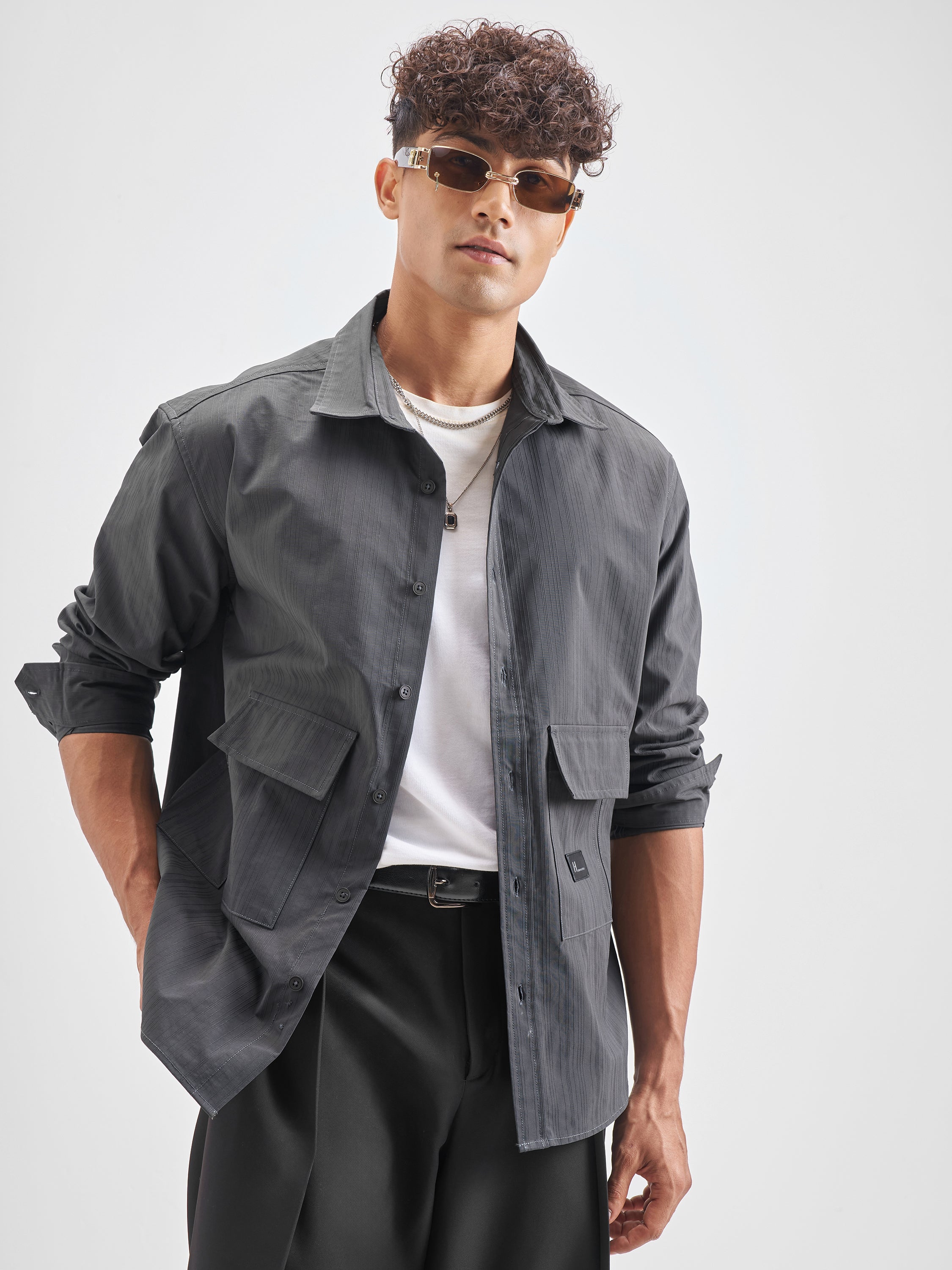 Highlander Men Grey Self Design Oversized Fit Casual Shirt - Grey - Image 4