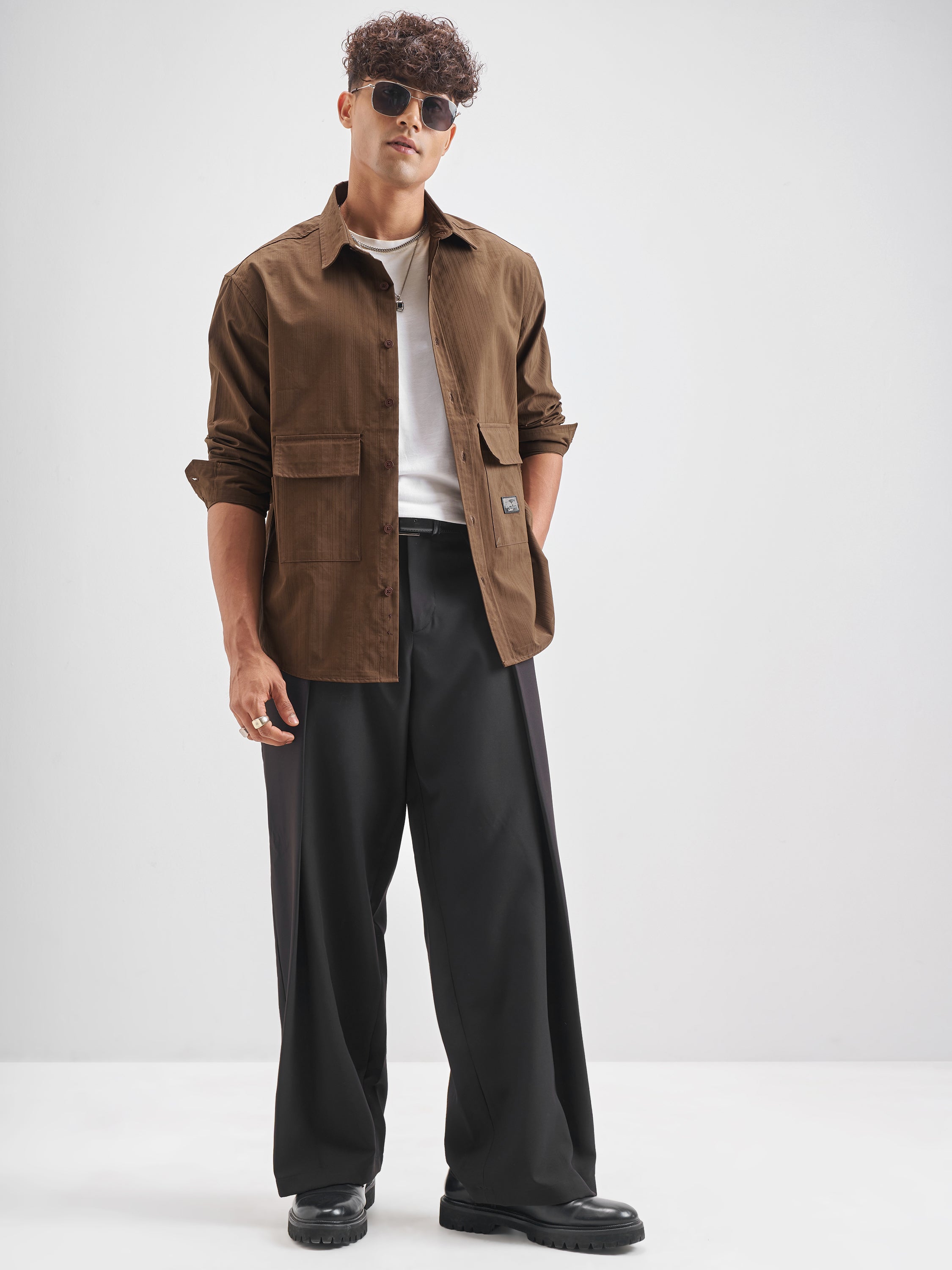 Highlander Men Khaki Self Design Oversized Fit Casual Shirt - Khaki - Image 2