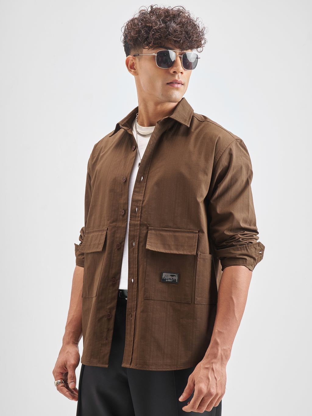 Highlander Men Khaki Self Design Oversized Fit Casual Shirt - Khaki - Image 4