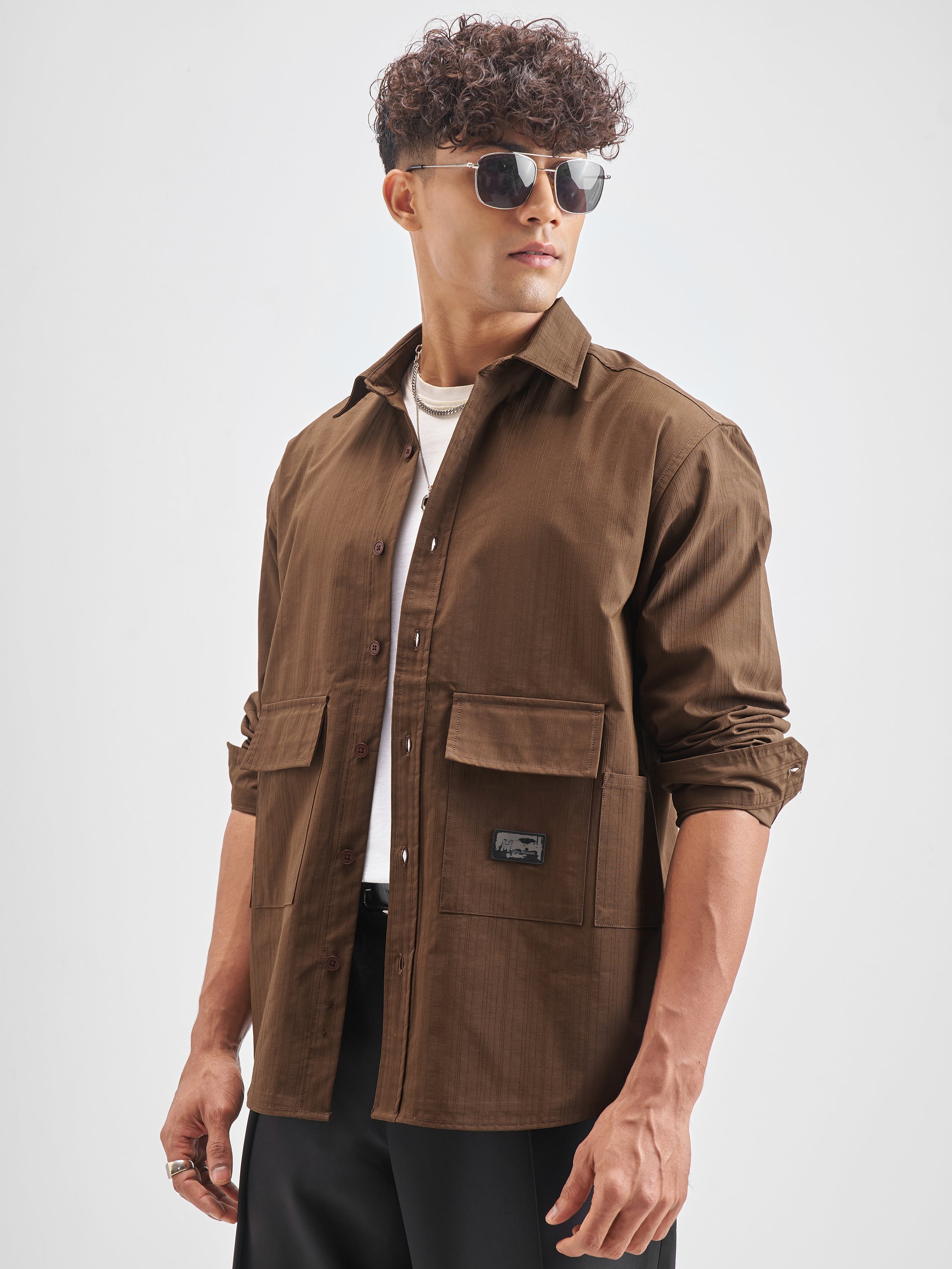 Highlander Men Khaki Self Design Oversized Fit Casual Shirt - Khaki - Image 4