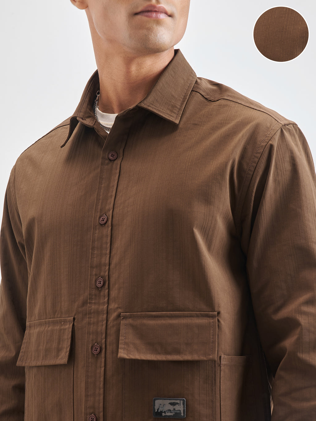 Highlander Men Khaki Self Design Oversized Fit Casual Shirt - Khaki - Image 5