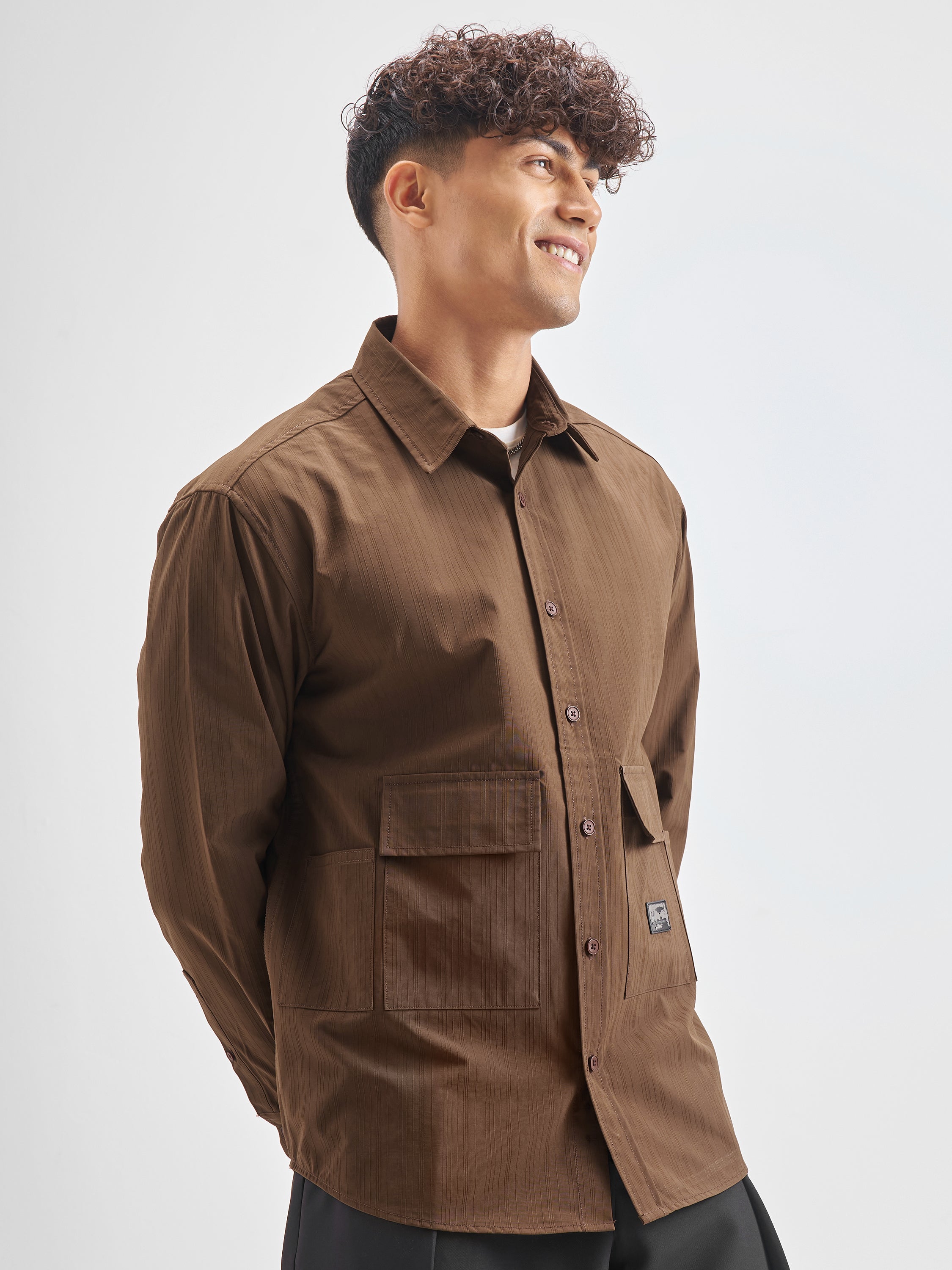 Highlander Men Khaki Self Design Oversized Fit Casual Shirt - Khaki - Image 6