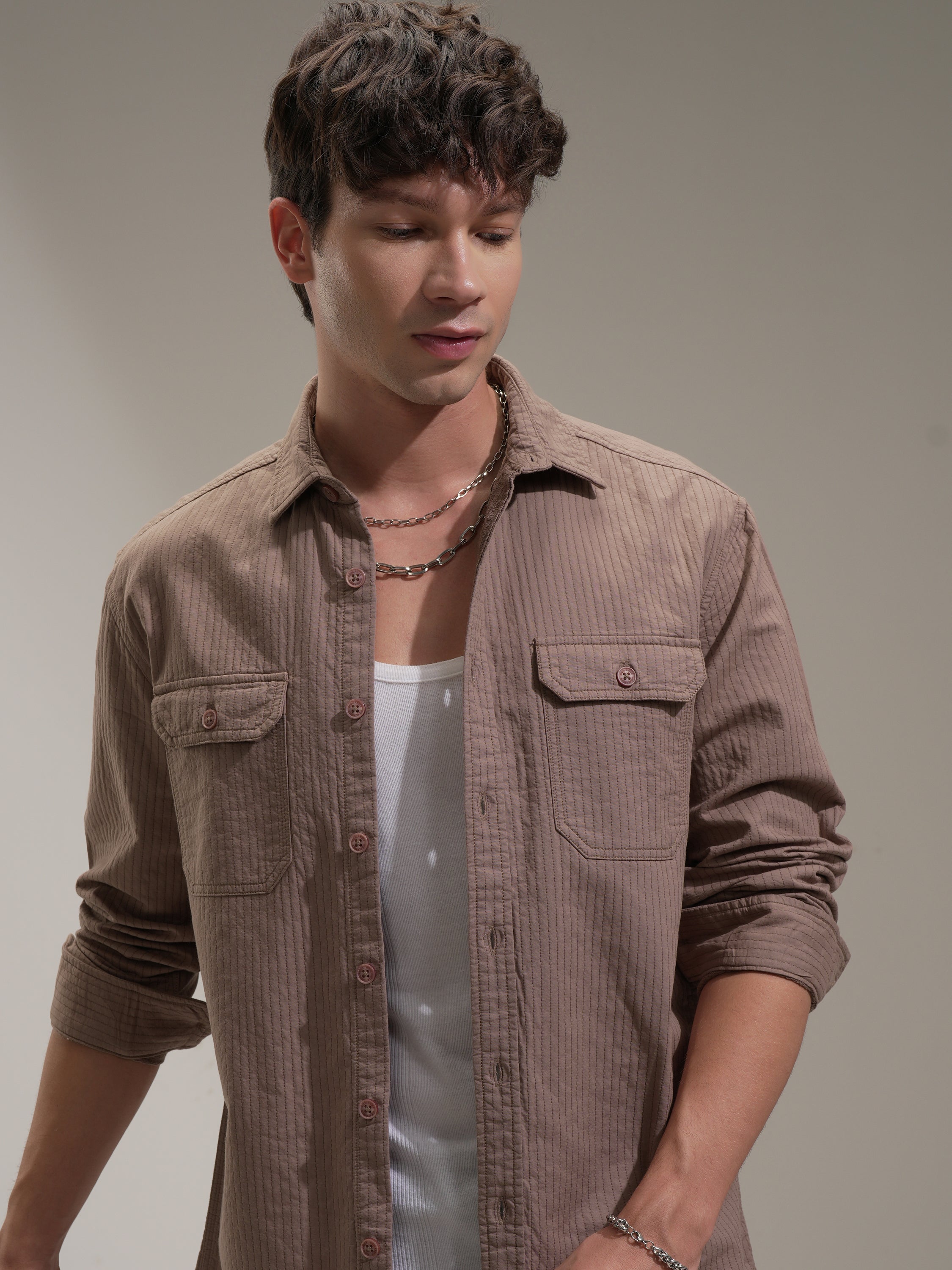 Highlander Men Taupe Striped Oversized Fit Casual Shirt - Taupe - Image 1