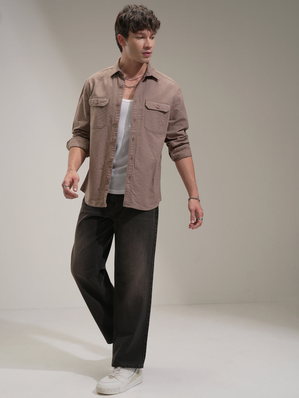 Highlander Men Taupe Striped Oversized Fit Casual Shirt - Taupe - Image 2