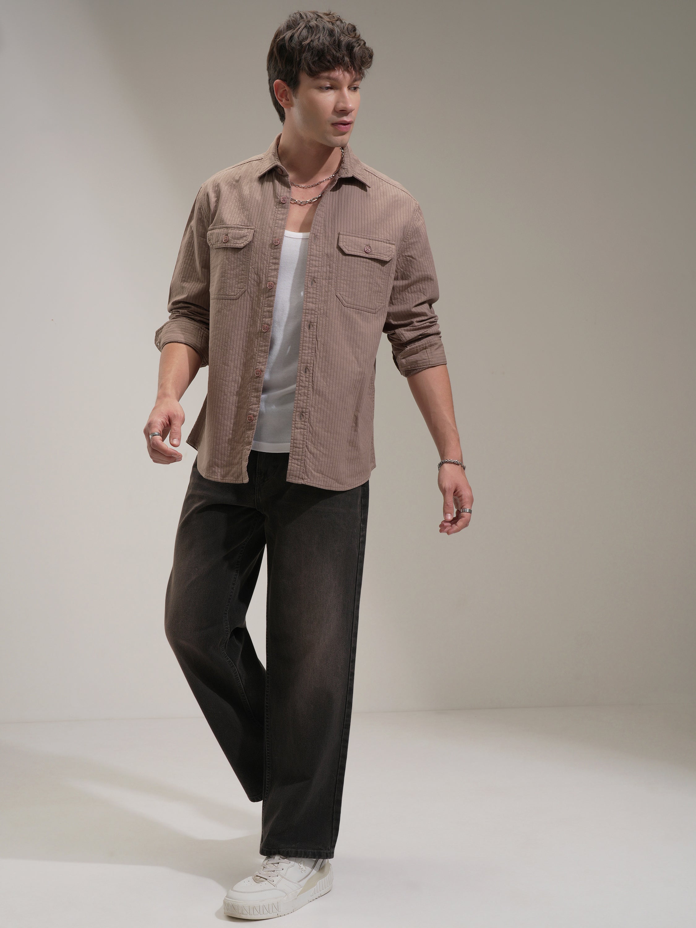 Highlander Men Taupe Striped Oversized Fit Casual Shirt - Taupe - Image 2