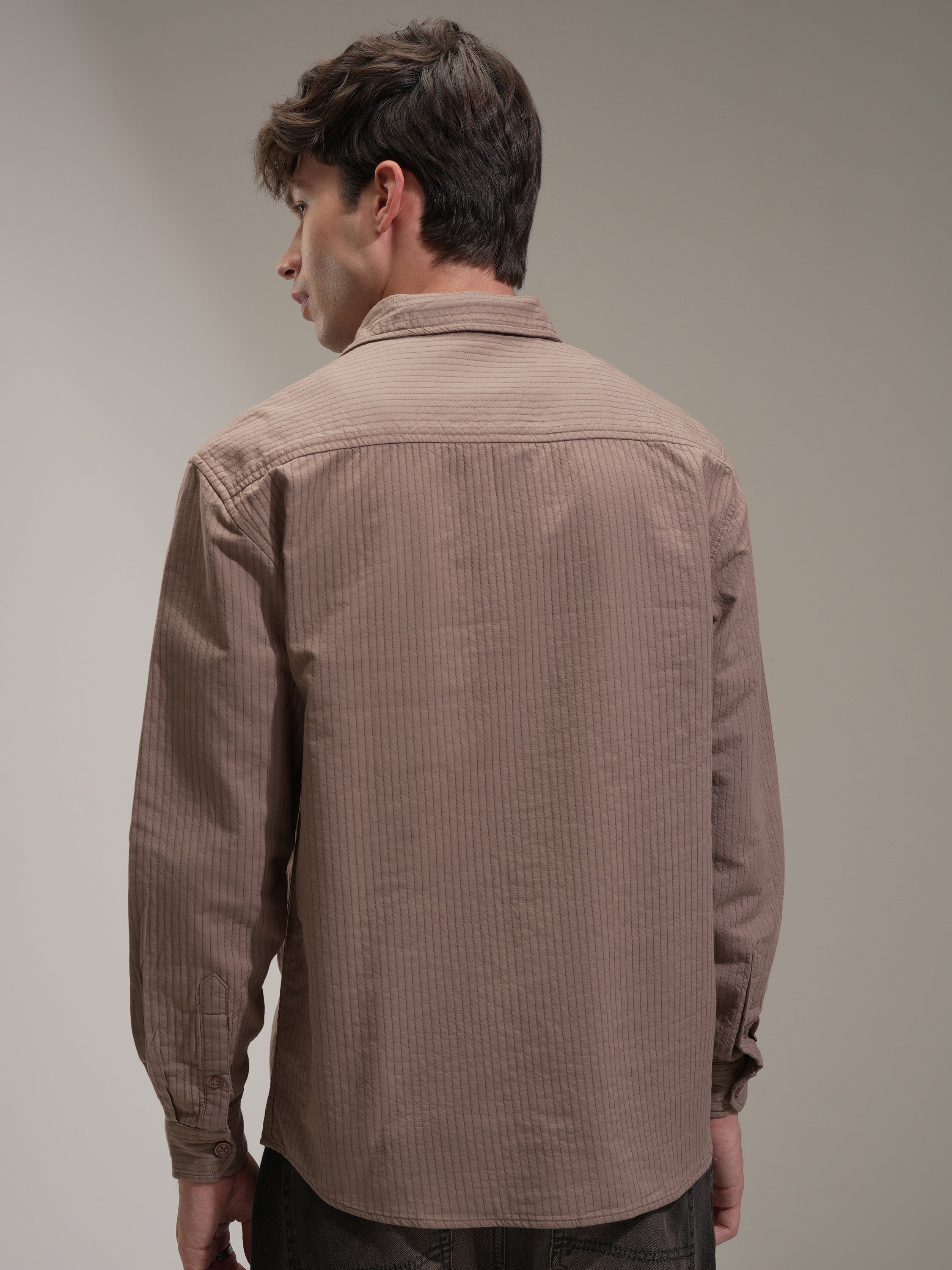 Highlander Men Taupe Striped Oversized Fit Casual Shirt - Taupe - Image 3