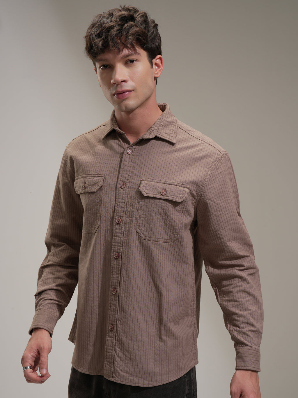 Highlander Men Taupe Striped Oversized Fit Casual Shirt - Taupe - Image 4