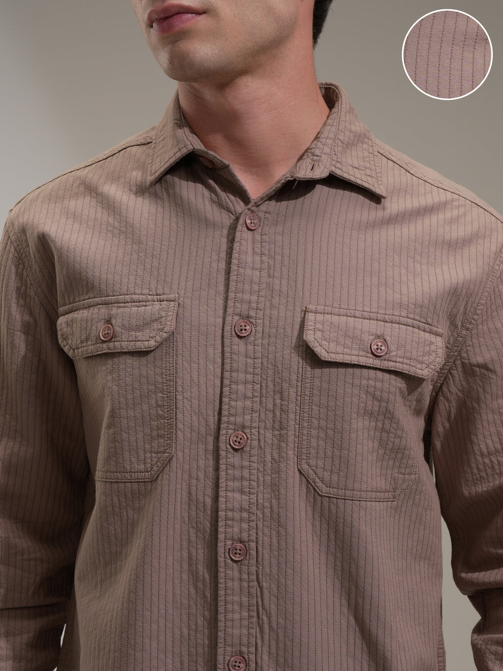Highlander Men Taupe Striped Oversized Fit Casual Shirt - Taupe - Image 5