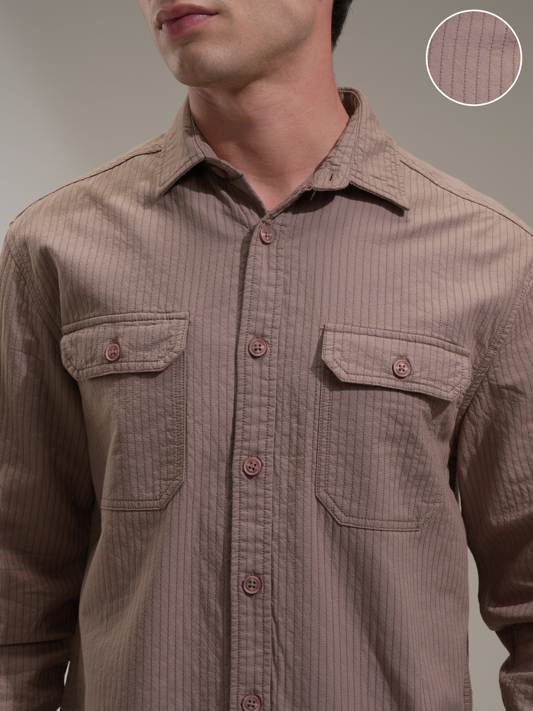 Highlander Men Taupe Striped Oversized Fit Casual Shirt - Taupe - Image 5