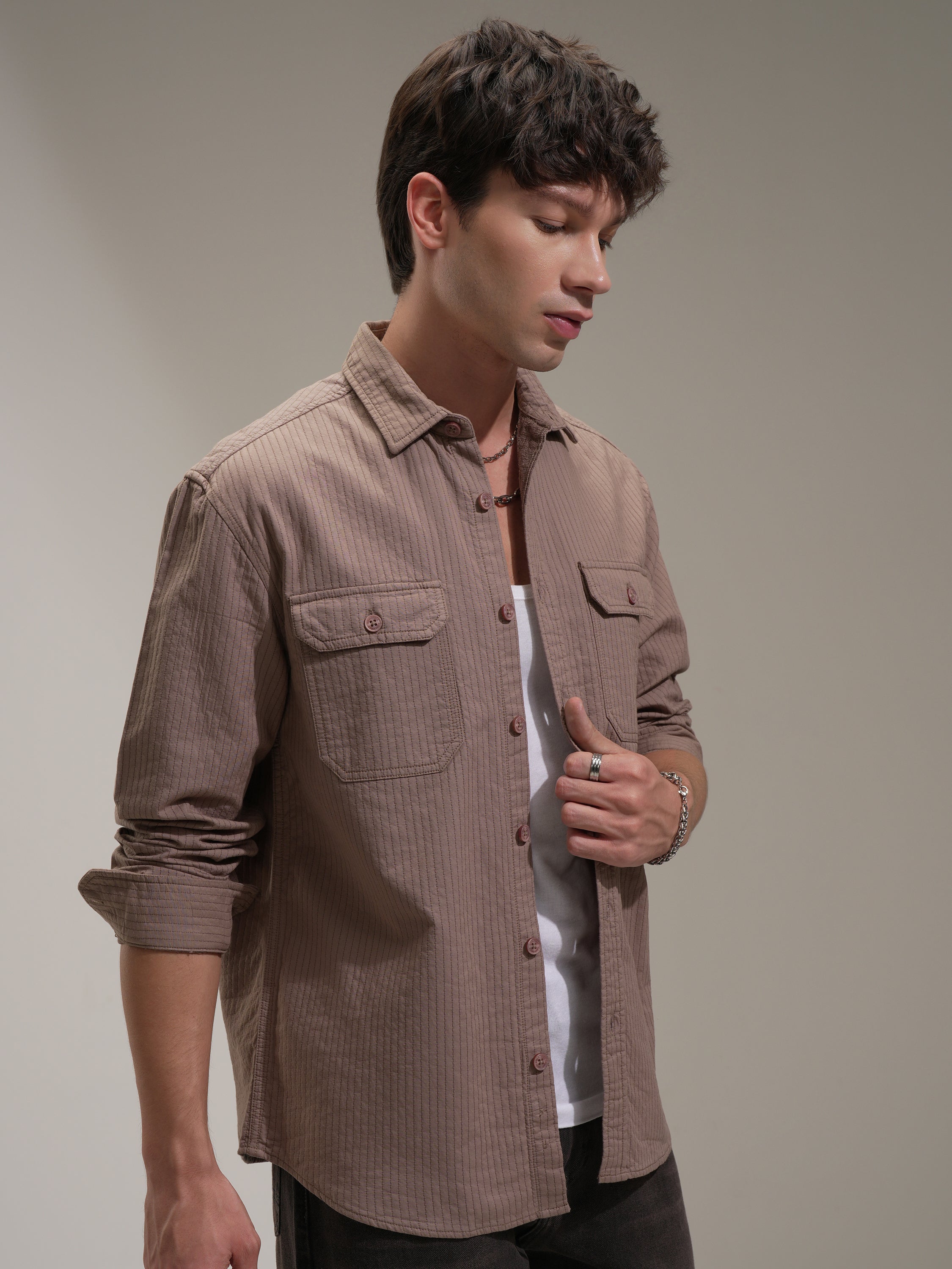Highlander Men Taupe Striped Oversized Fit Casual Shirt - Taupe - Image 6