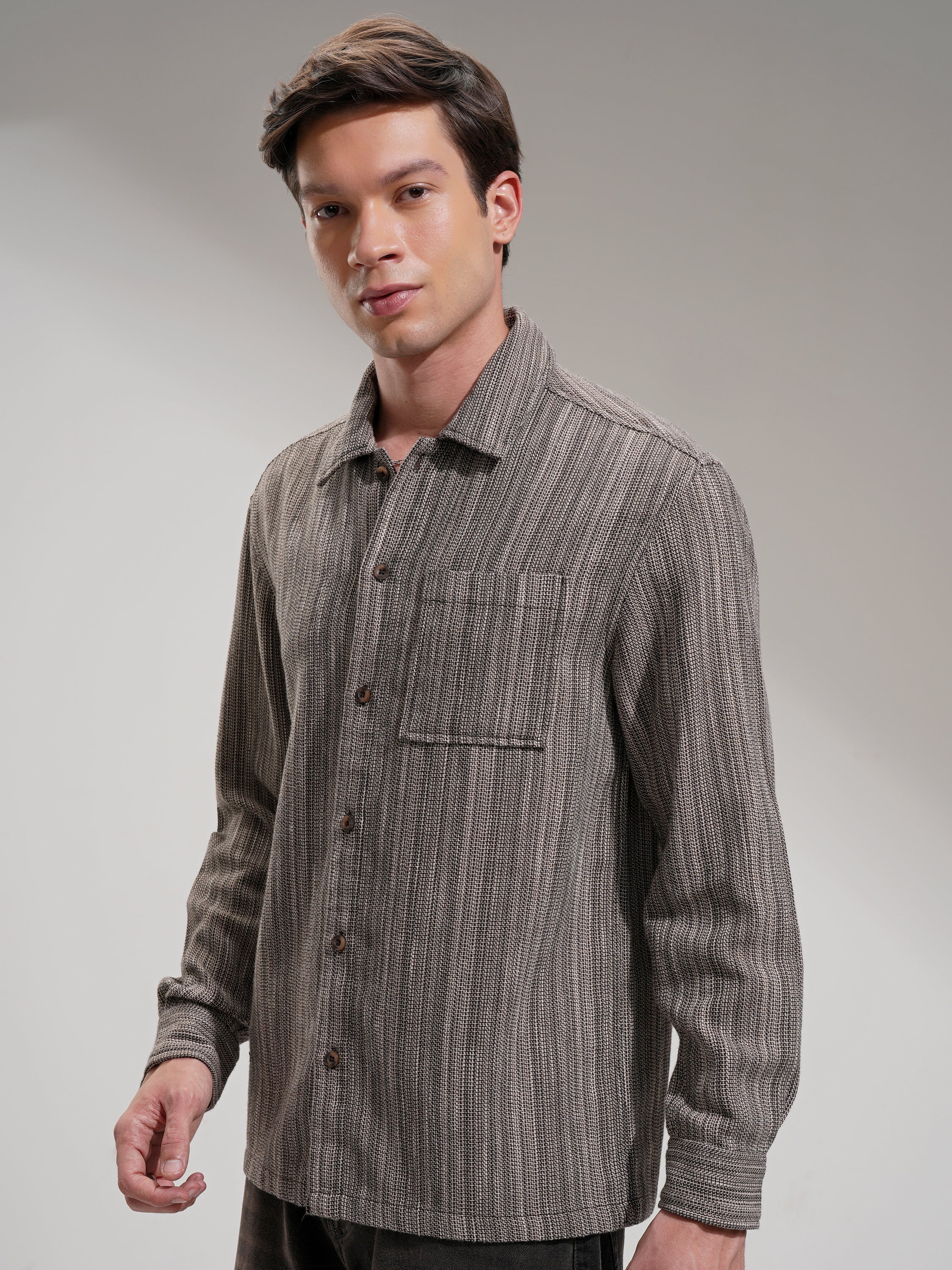 Highlander Men Brown Self Design Oversized Fit Casual Shirt - Brown - Image 4