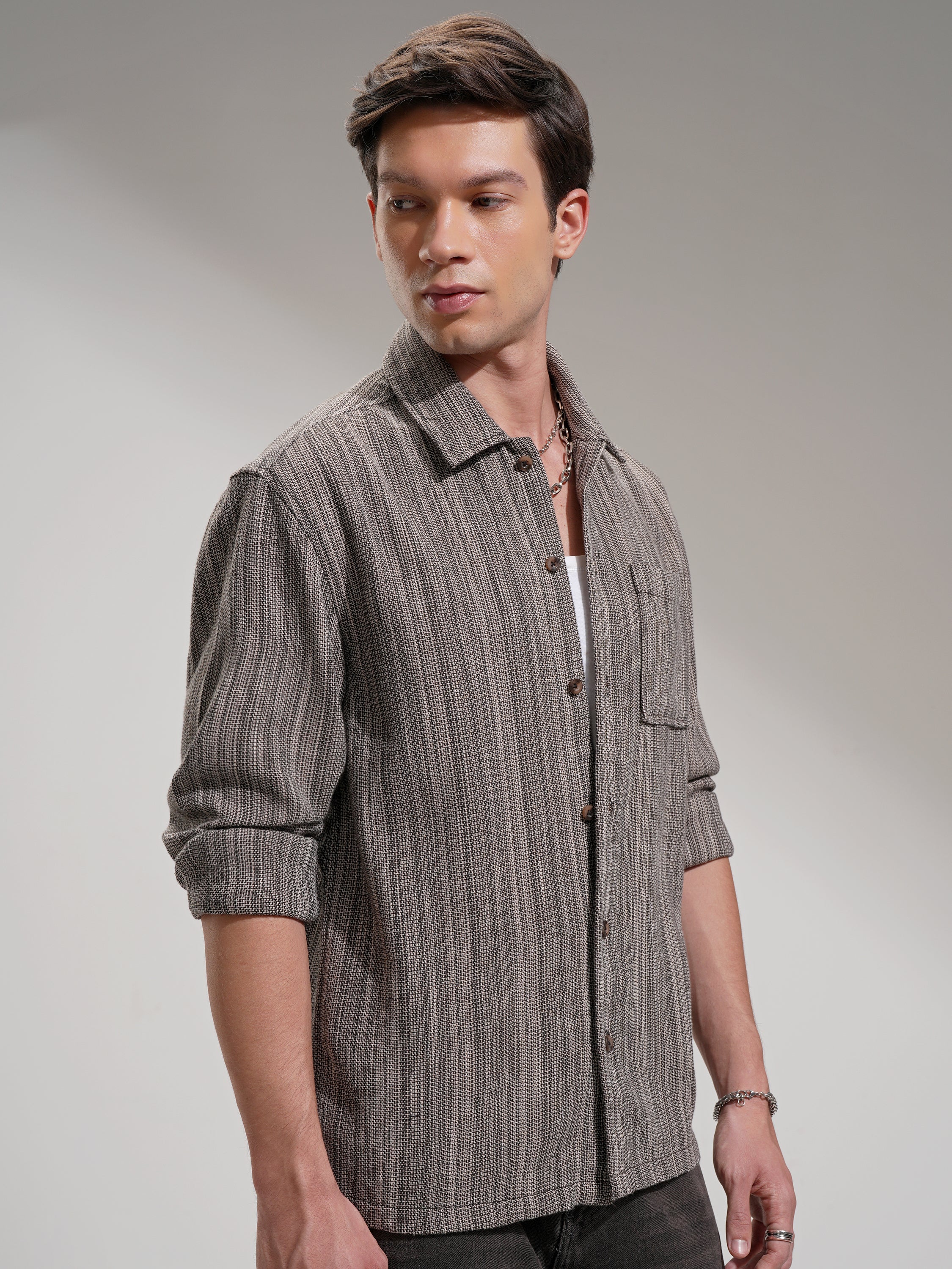 Highlander Men Brown Self Design Oversized Fit Casual Shirt - Brown - Image 6