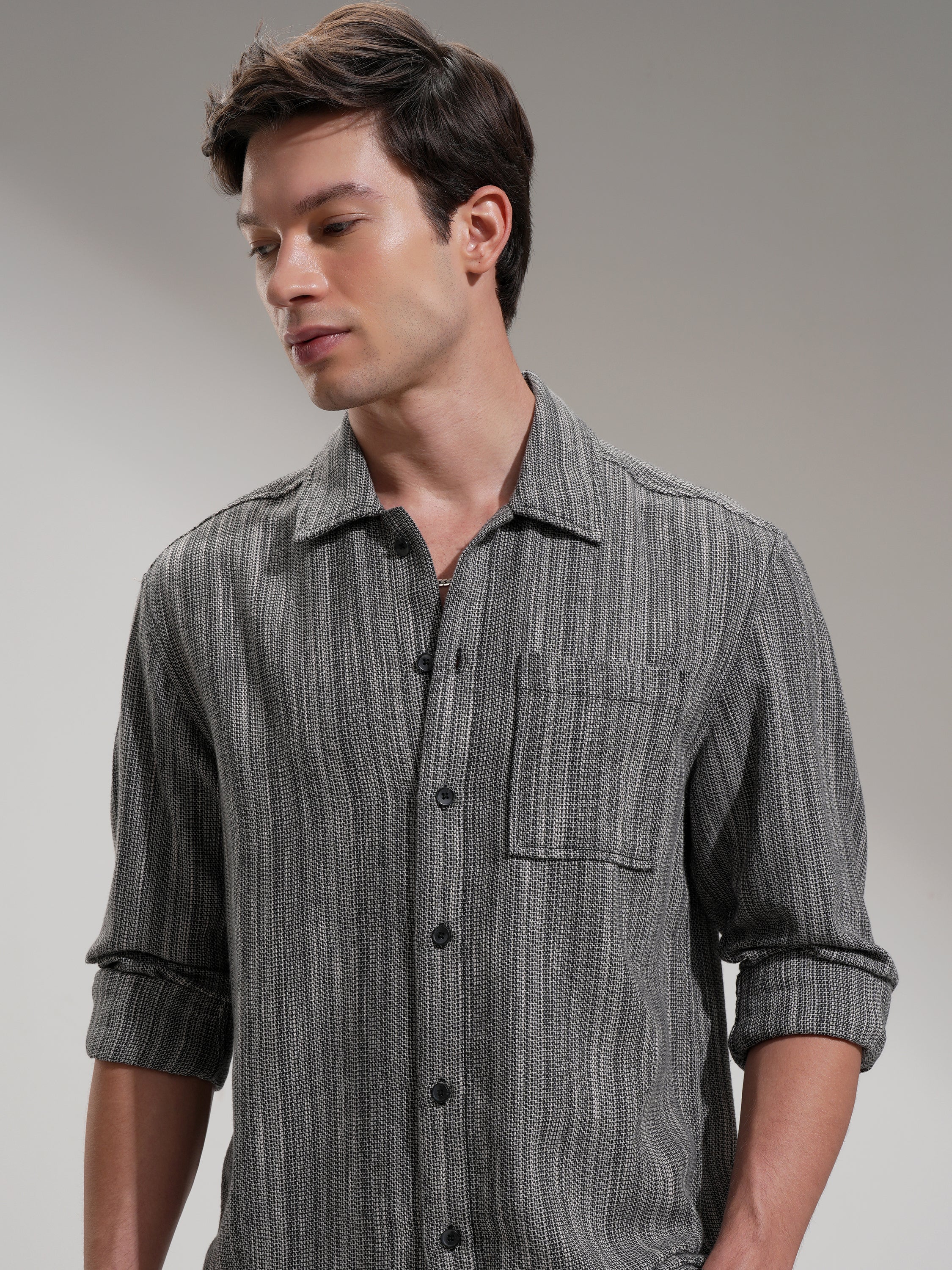 Highlander Men Grey Self Design Oversized Fit Casual Shirt - Grey - Image 1